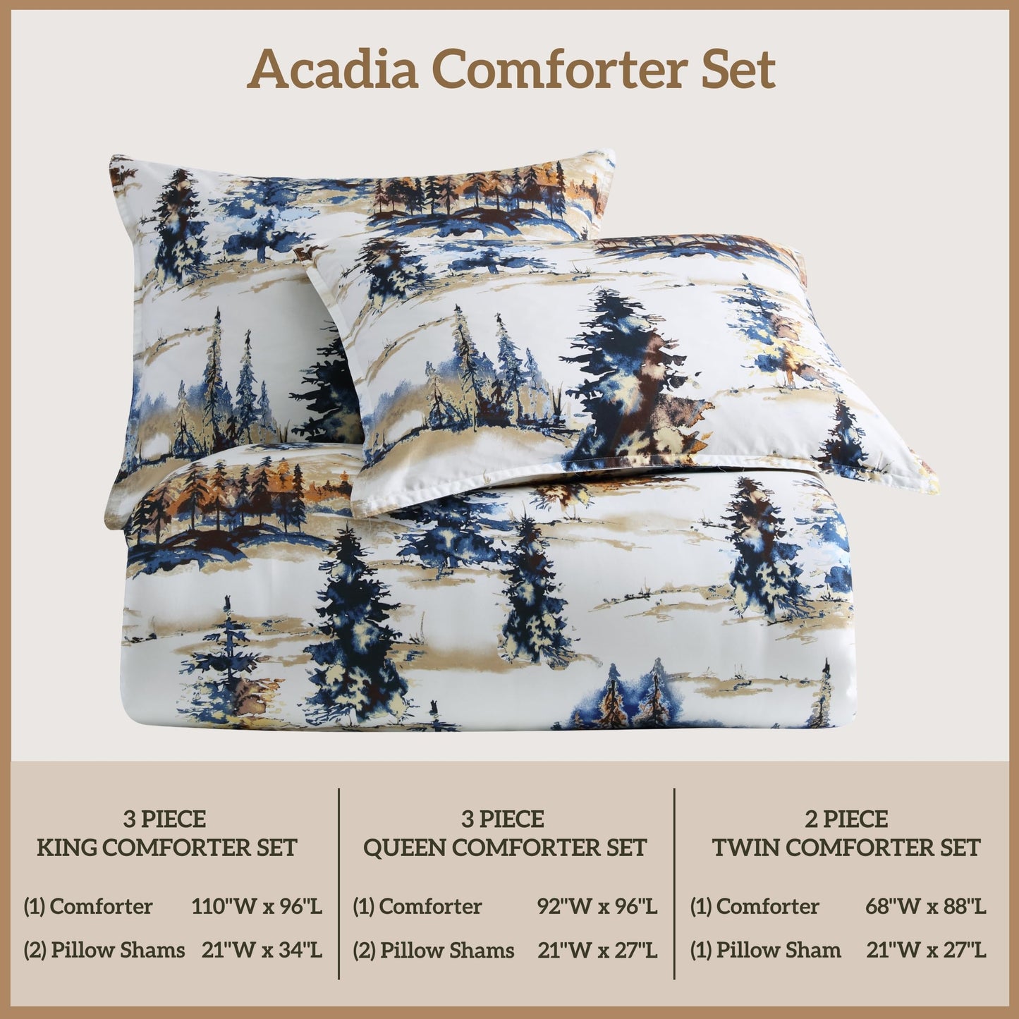 Paseo Road Cabin Bedding Acadia 3 Piece Lodge Comforter Set with Pillow Shams, Queen Forest Bedding, Cotton Pine Trees Comforter Set, Woodland Nature Western Rustic Bed Set