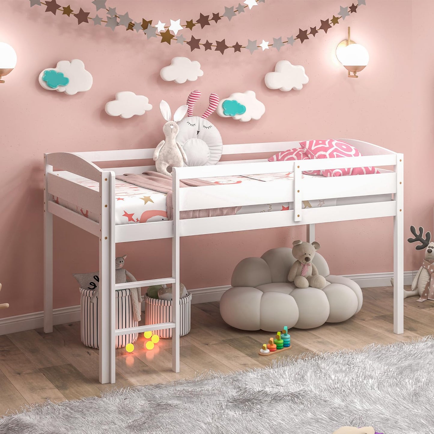 Giantex Twin Loft Bed with Ladder, Wood Low Profile Loft Bed with 30" Clearance & Safety Guard Rails, Space-Saving Loft Bed Frame for Kids Teens Junior, No Box Spring Needed, Kids Bed Frame, White
