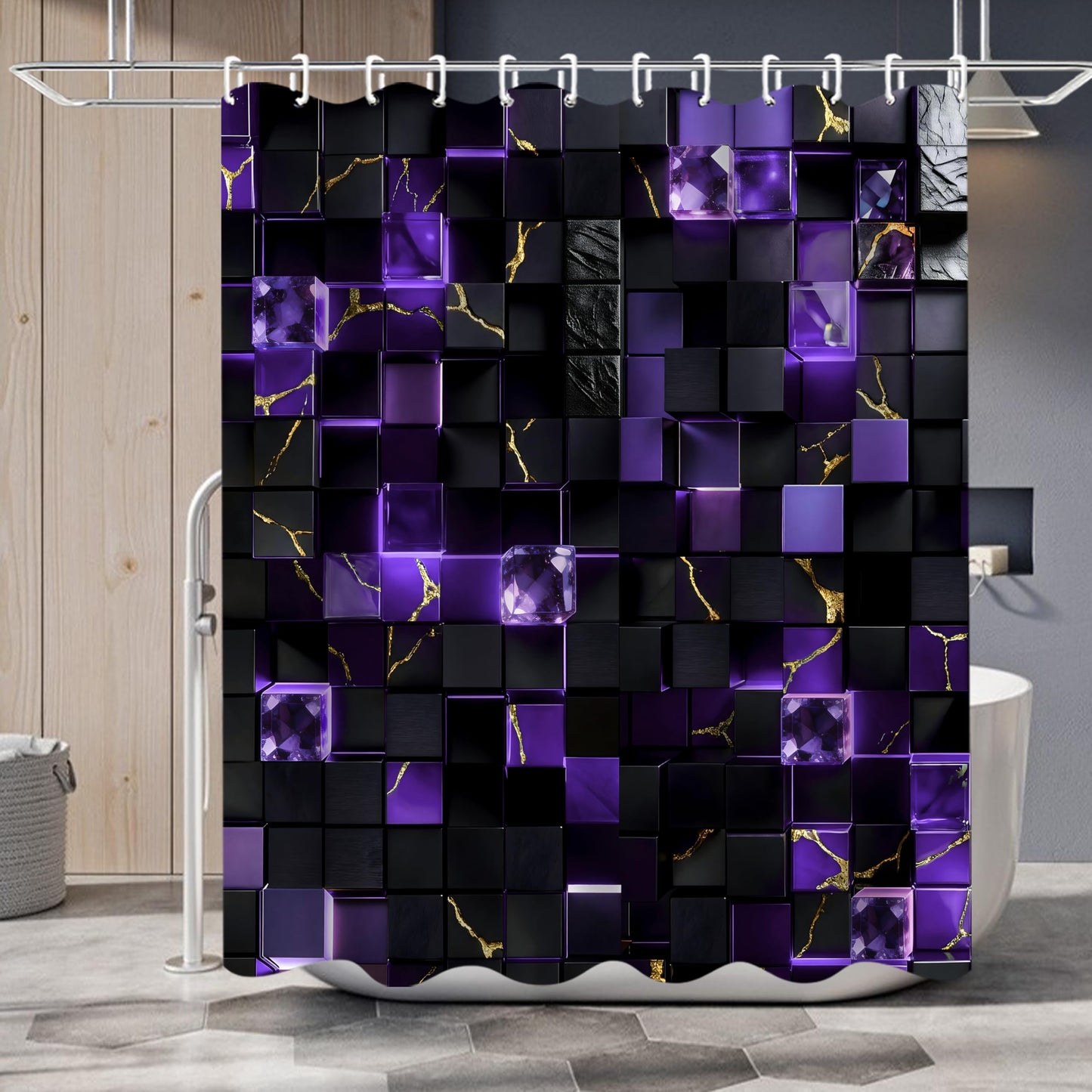 LQCOOL 4Pcs Black and Purple Shower Curtain Set 3D Cubes Bathroom Sets Modern Shower Curtain Set for Bathroom Sets with Rugs and 12 Hooks