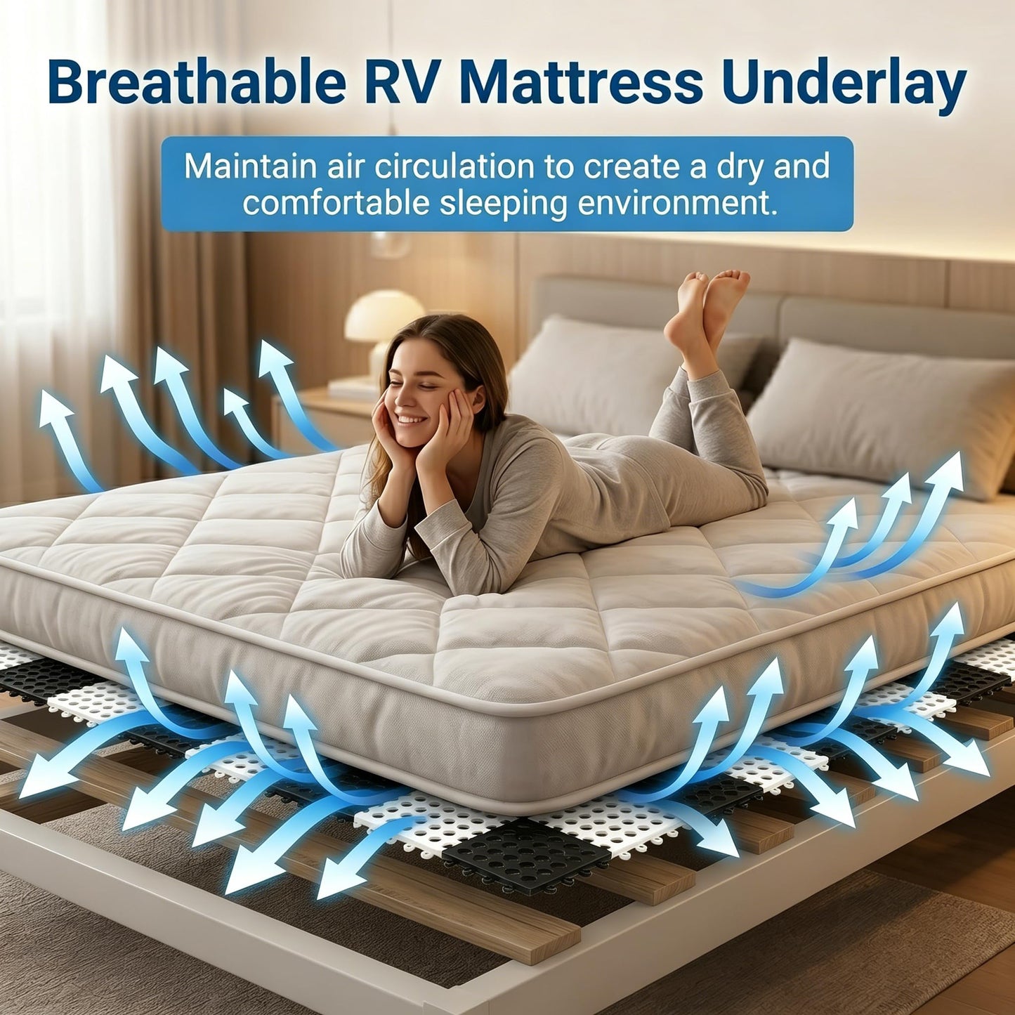 83" L x 59" Inch Plastic Ventilated Mattress Underlay Pad for RV Boat Camper Interlocking Modular Design, Breathable Mesh RV Under Mattress Ventilation Air-Flow (Black+White)