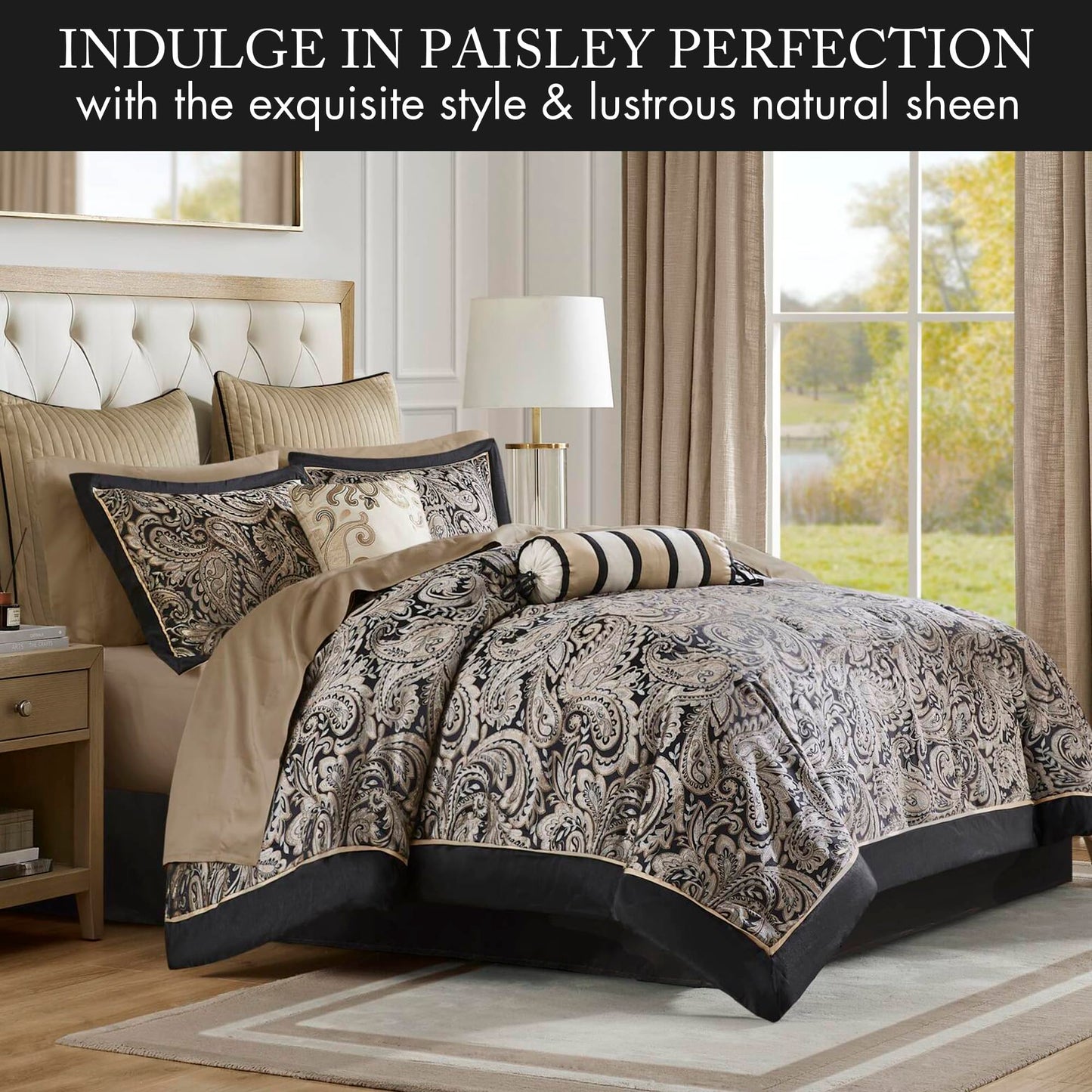 Madison Park Aubrey Cozy Comforter Set, Faux Silk Jacquard Paisley Design - All Season Down Alternative Bedding with Cotton Bed Sheets, Bed Skirt & Toss Pillows, Queen Black 12 Piece