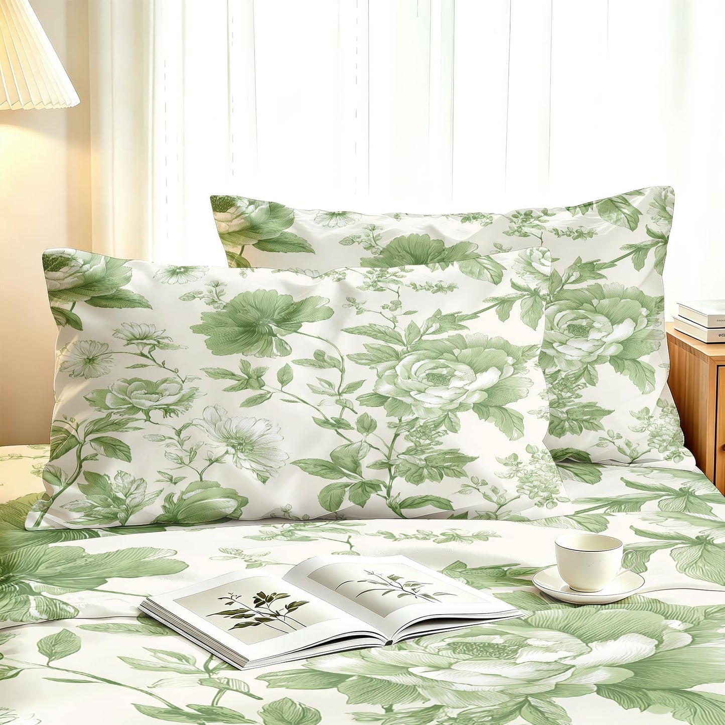 Green Floral California King Bedding Set Farmhouse Botanical Sheet Sets