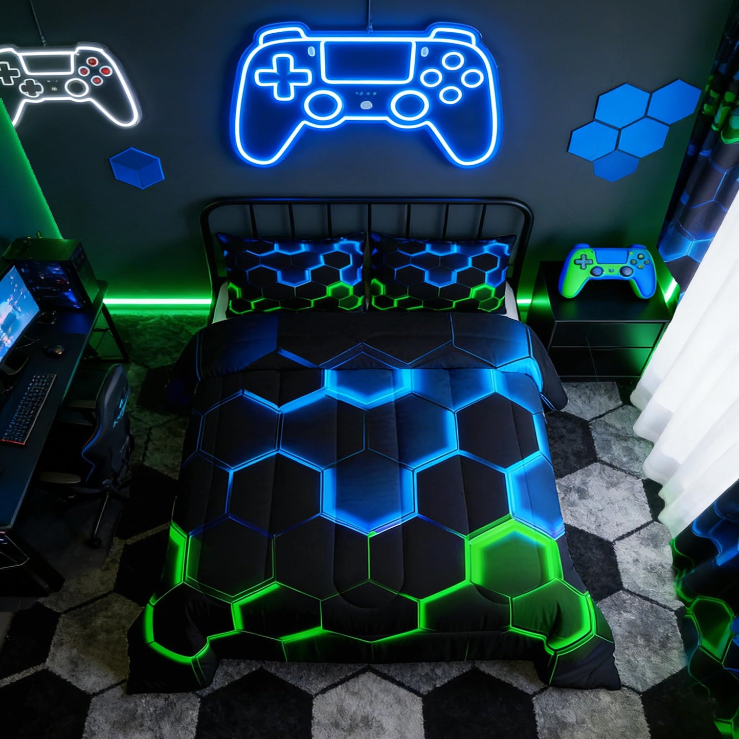 Castle Fairy Honeycomb Bedding Comforter Set Twin Size,Hexagon Theme with Green Blue Neon Lights Quilt Set,Boys Teen Man Chic Creative Home Bedding Set 2pcs Duvet Insert with 1 Pillowcase,Black