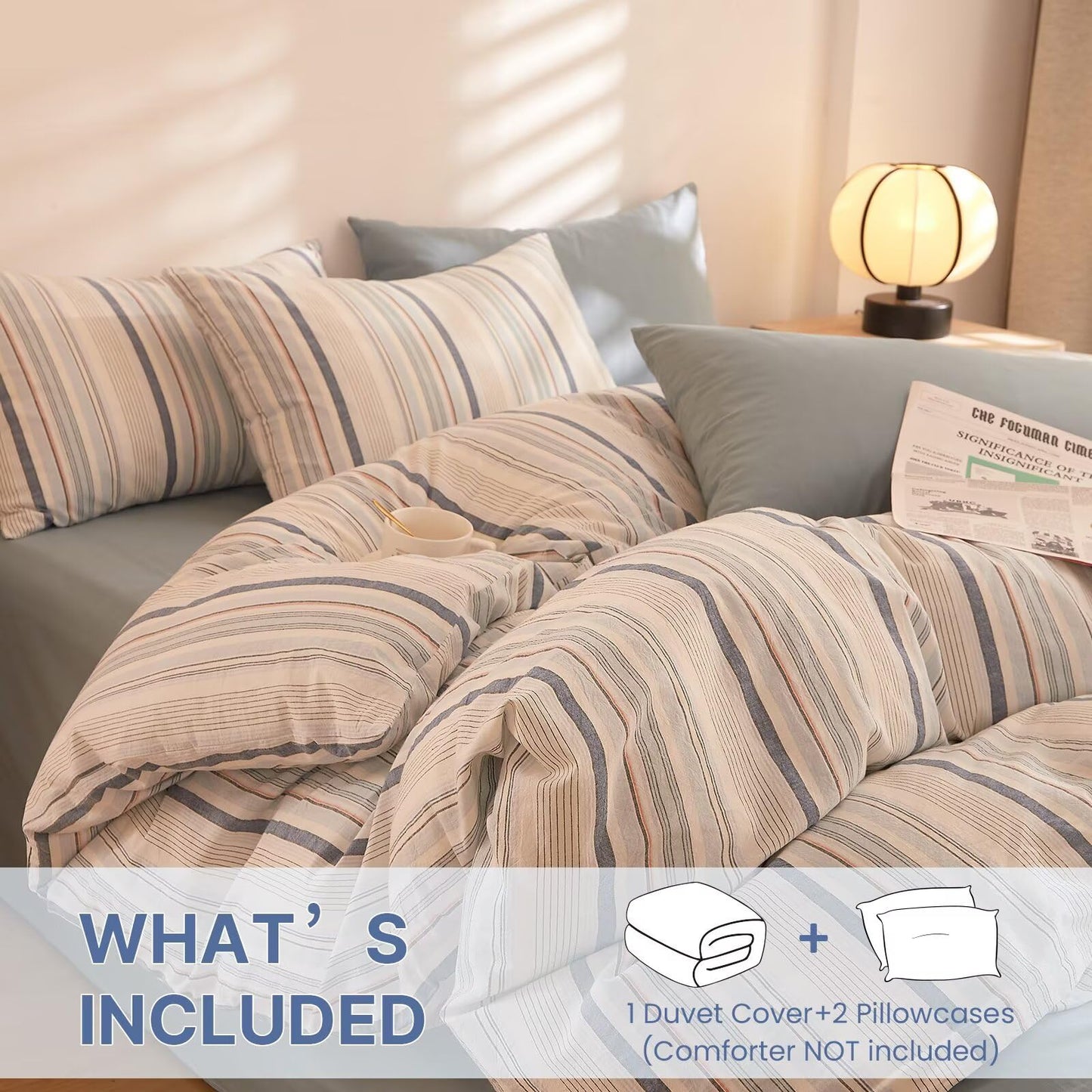 AMZTOP 100% Cotton Duvet Cover Set Queen Size Blue Striped Design,Soft Breathable Comfy Washed Cotton Bedding Set for All Season,Chic Simple Zipper Textured Durable Quilt Covers 90"×90"