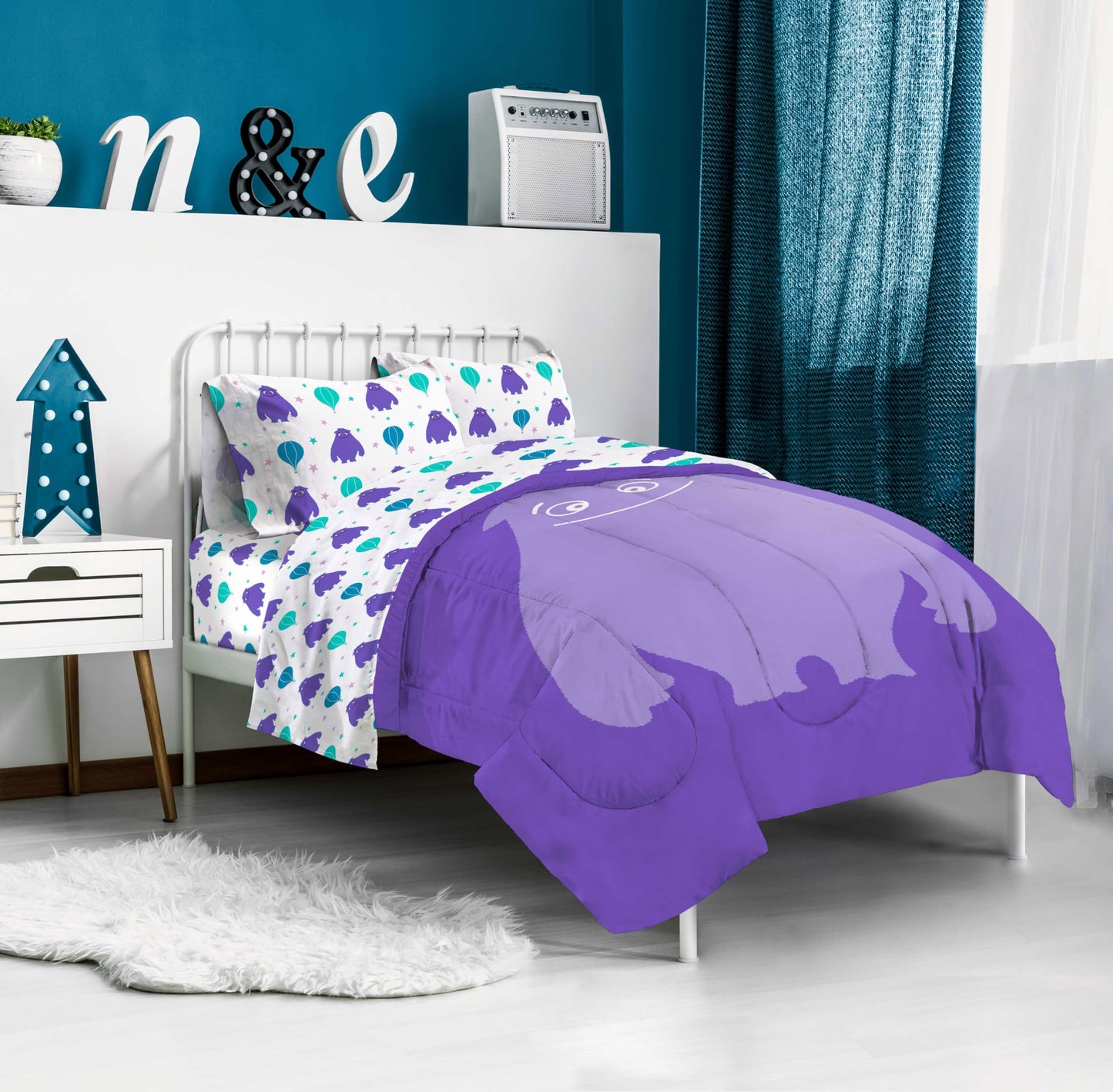 Jay Franco IF Imaginary Friends Twin Comforter Set - Purple 5 Piece Bed Set Includes Sheet Set & Pillow Covers - Super Soft Kids Bedding Features Blue