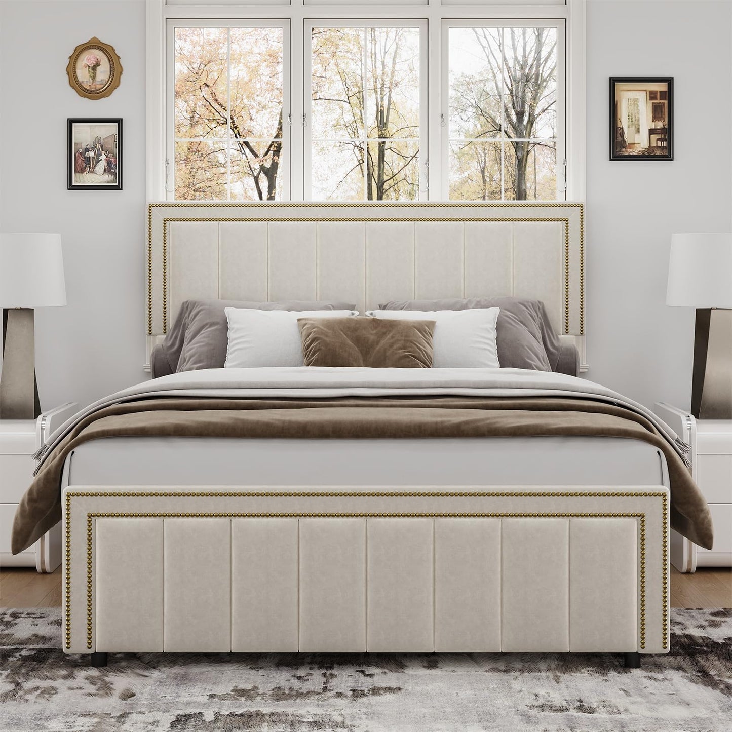 BarnFurin Queen Bed Frame with 50" Tall Headboard and Footboard, Chenille Upholstered Platform Bed, Vertical Channel Tufting with Nailhead Trim, No Box Spring Needed, Easy Assembly, Beige