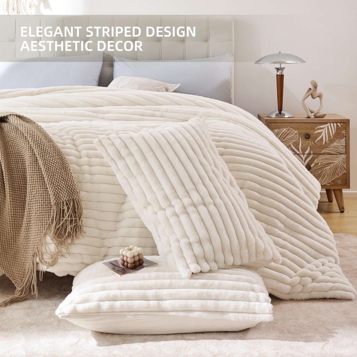 Smoofy Fluffy King Size Comforter Set 3 Pieces - Cream White Fleece Fluffy Comforter Set, Luxury Fuzzy King Bedding Set, Soft King Bed Set All Season, Heavy Faux Fur Comforter with 2 Pillow Cases