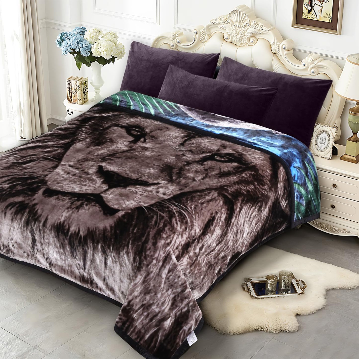 JYK Soft Fleece Bed Blanket Queen Size 5 LB, Korean Style 2 Ply Reversible Fluffy Flannel Blanket Microfiber, Warm Cozy Blanket for Autumn, Winter 75x87 Inches - Black Panther/Lion