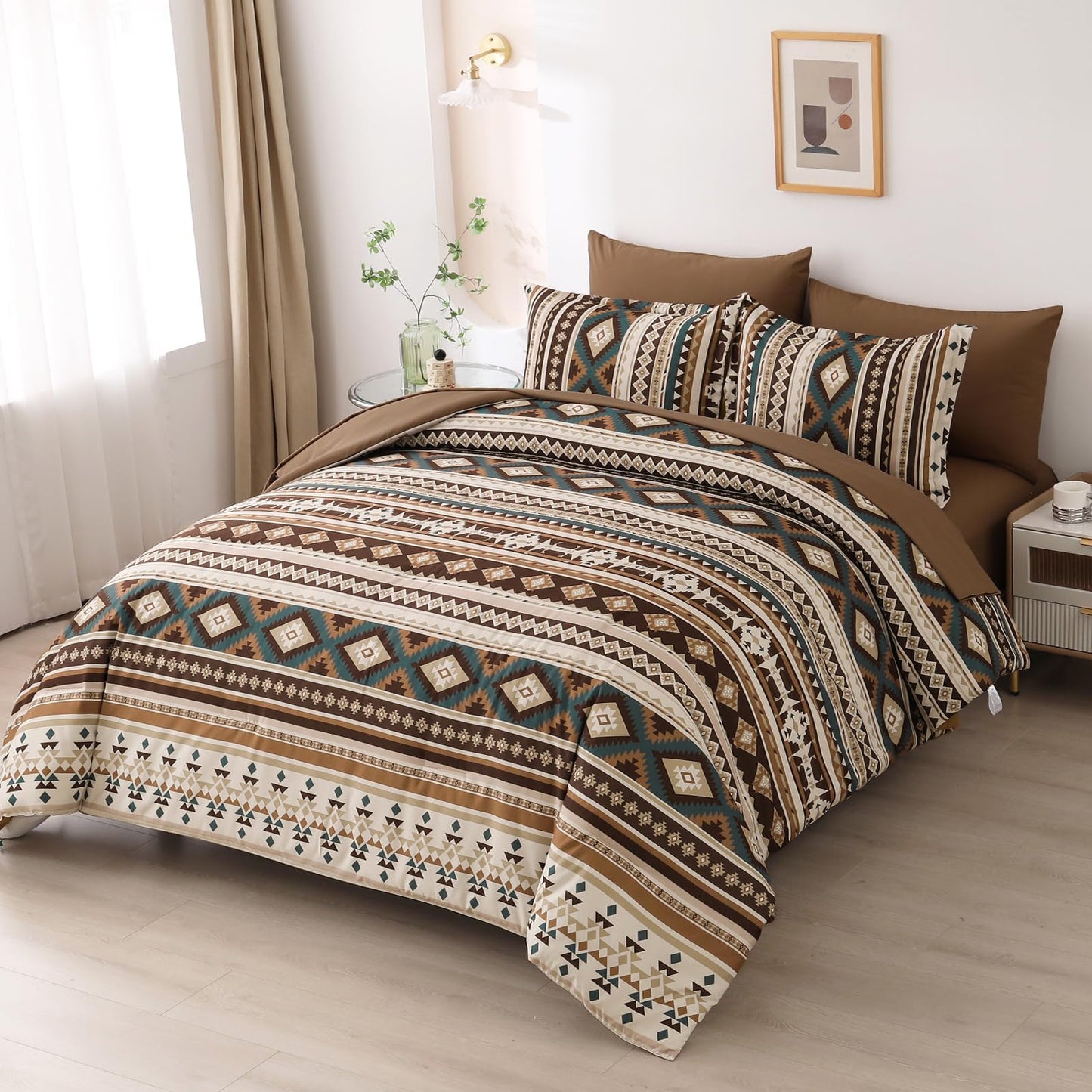 Dinjoy Brown Boho Comforter Set Queen Size,7 Pieces Bed in a Bag Queen Coffee Aztec Bedding Sets with Sheets Bohemian Geometric Striped Complete Set for All Season 90"x90"