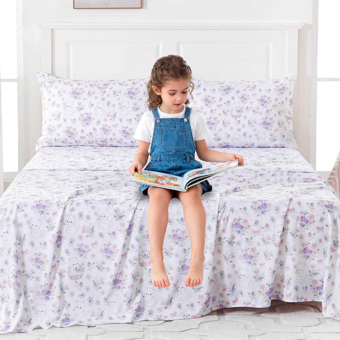 MICORAL Kids Twin Sheet Set Purple Flowers Cats, 3 Pieces Sheets for Boys & Girls, Soft Printed Microfiber Bed Sheets, Deep Pocket Cozy Toddler Bedding Set, Purple Flowers Cats