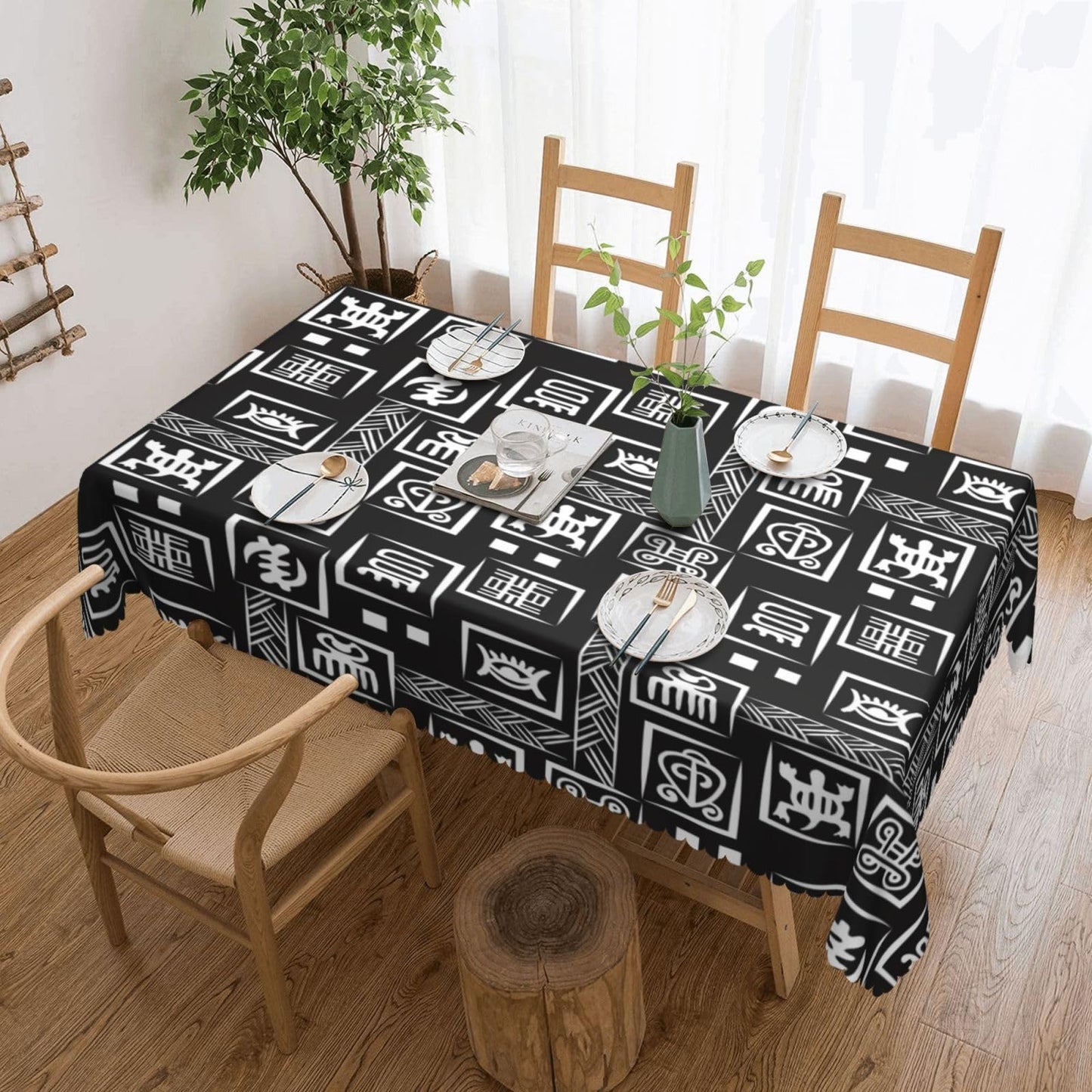 ZYPHORIEL African Adinkra Pattern Rectangle Tablecloths Black White Digital Symbols Table Cloths Decorative Kitchen Dining Tablecloth for Rectangular Tables,Washable Table Cover for Party 54 x 72 Inch