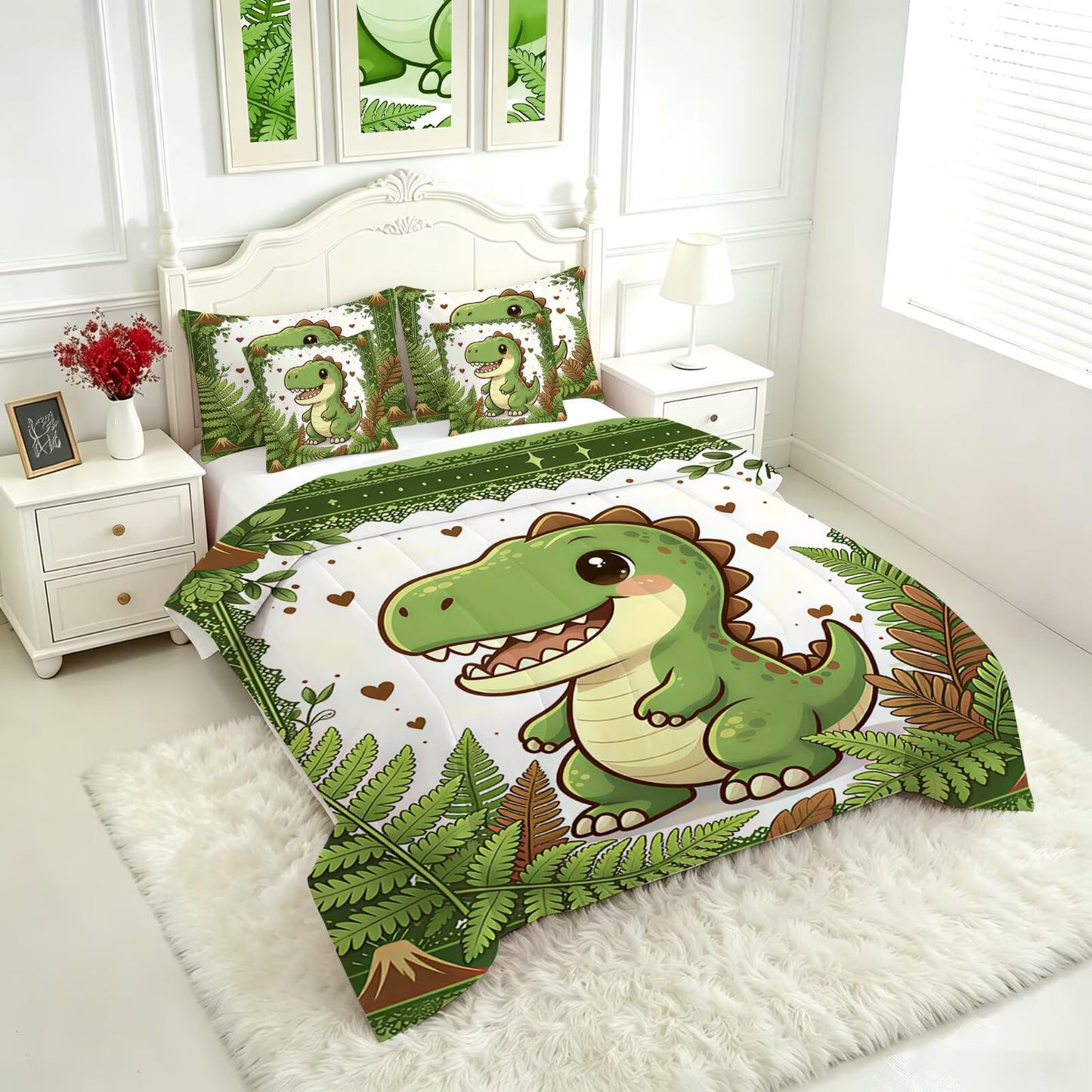 FUYEUN 7 Pcs Kids Bedding Comforter Set Queen Size, Cartoon Dinosaur & Volcano Print, Ultra Soft Microfiber Bed in a Bag with Flat Sheet & Pillowcases,Children Bedroom Decor