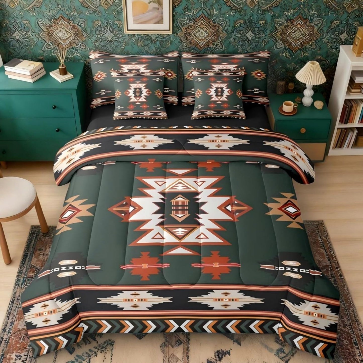 Erosebridal Western Twin Comforter Set with Sheets | Boho Decor Geometric 7 Piece Bedding Set Bohemian Aztec Bed in a Bag, Ethnic Tribal Arrow Room Decor,Green