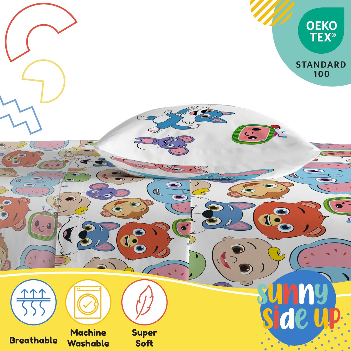 Sunny Side Up CoComelon Twin Size Sheeet Set - 3 Piece Kids Animals Bedding Set Includes Pillow Cover - Super Soft Microfiber Sheets