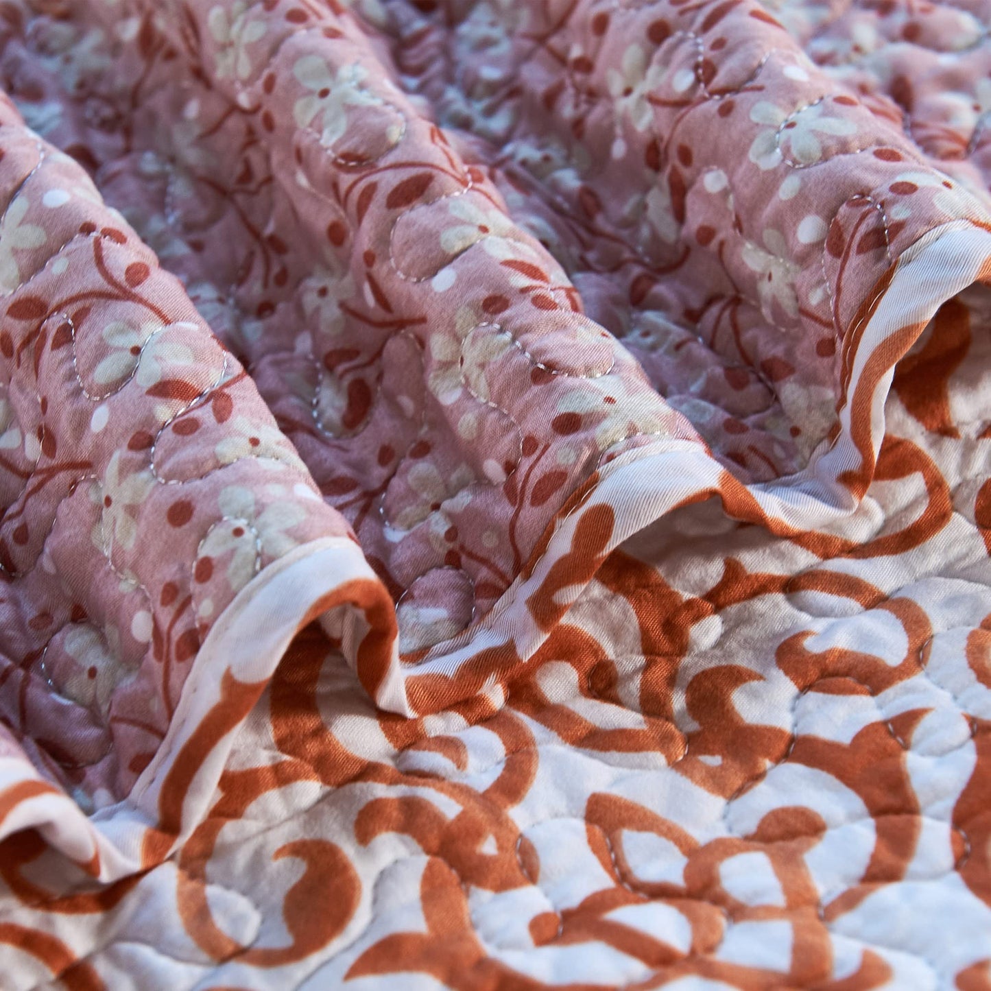 Home Soft Things 9-Piece Oversized King Bedspread Set - 122” x 106” Lightweight Reversible Microfiber Quilt Coverlet Bedding - All Season Farmhouse Chevron & Floral Scroll - Coral Orange/Off-White