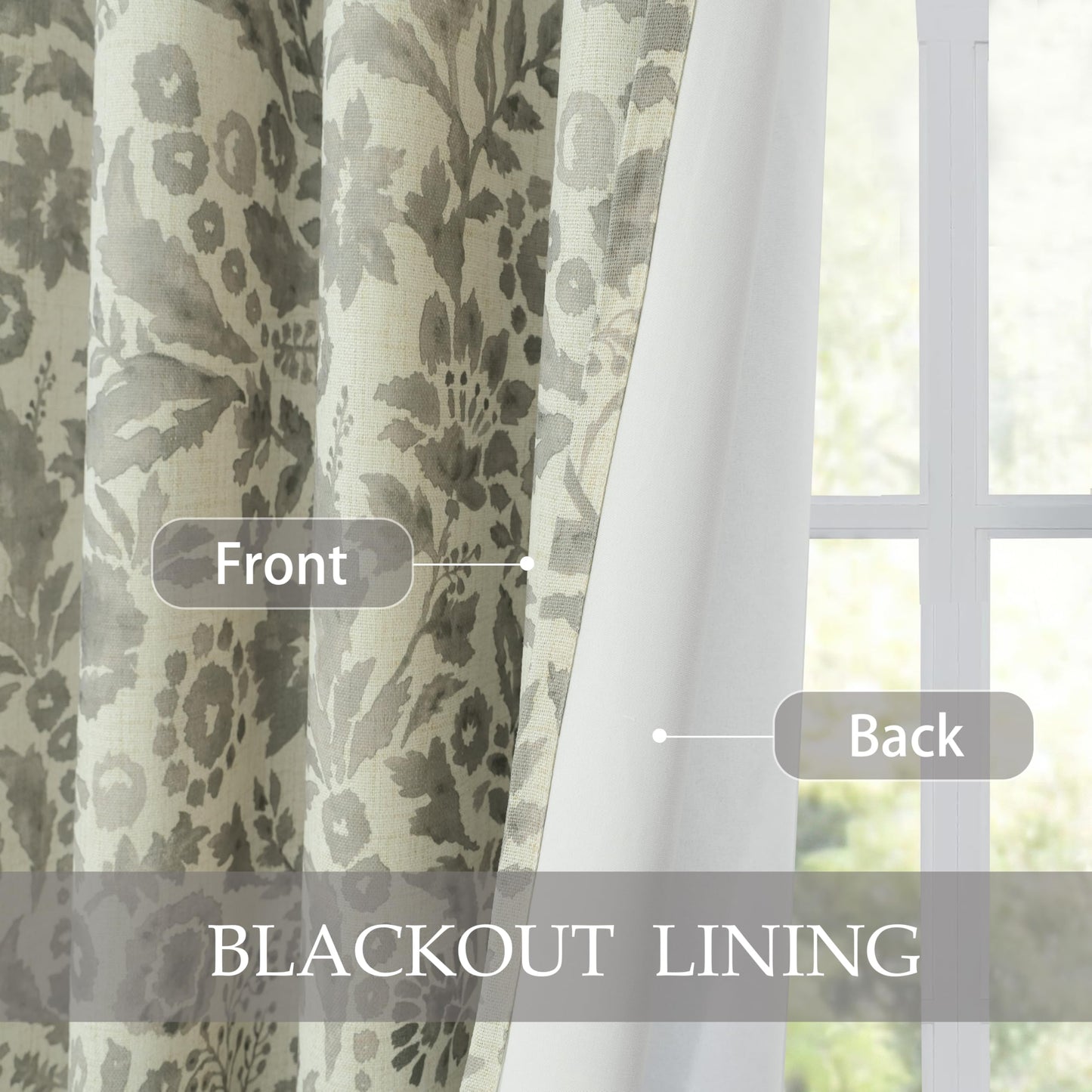 DriftAway Julia 100% Blackout Linen Curtains for Bedroom Gray Floral Watercolor Pattern Double Layer Thermal Insulated Sound Reducing Drapes for Living Room Grommet 2 Panels Each W52 x L84 Linen Gray