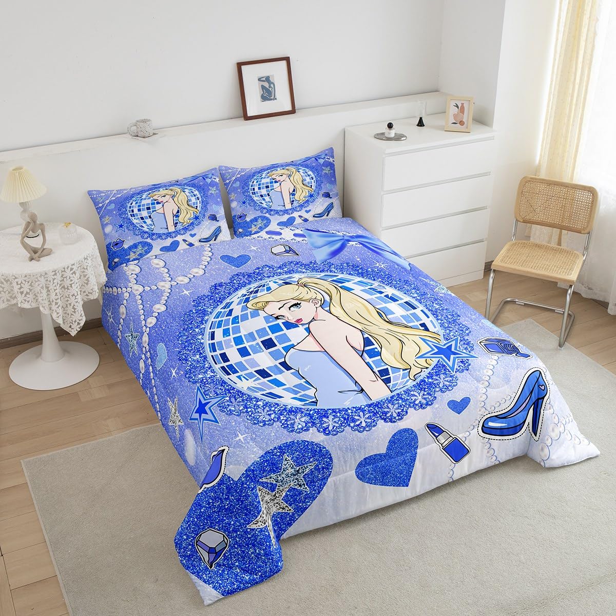 Princess Girly Kids Comforter Set Queen Size,Bowknot High-heeled Shoes Lip Dreamy Bedding Set,Girls Women Room Decor,Glitter Sequin Star Diamond Down Comforter,Blue Noble Duvet Insert,2 Pillowcases