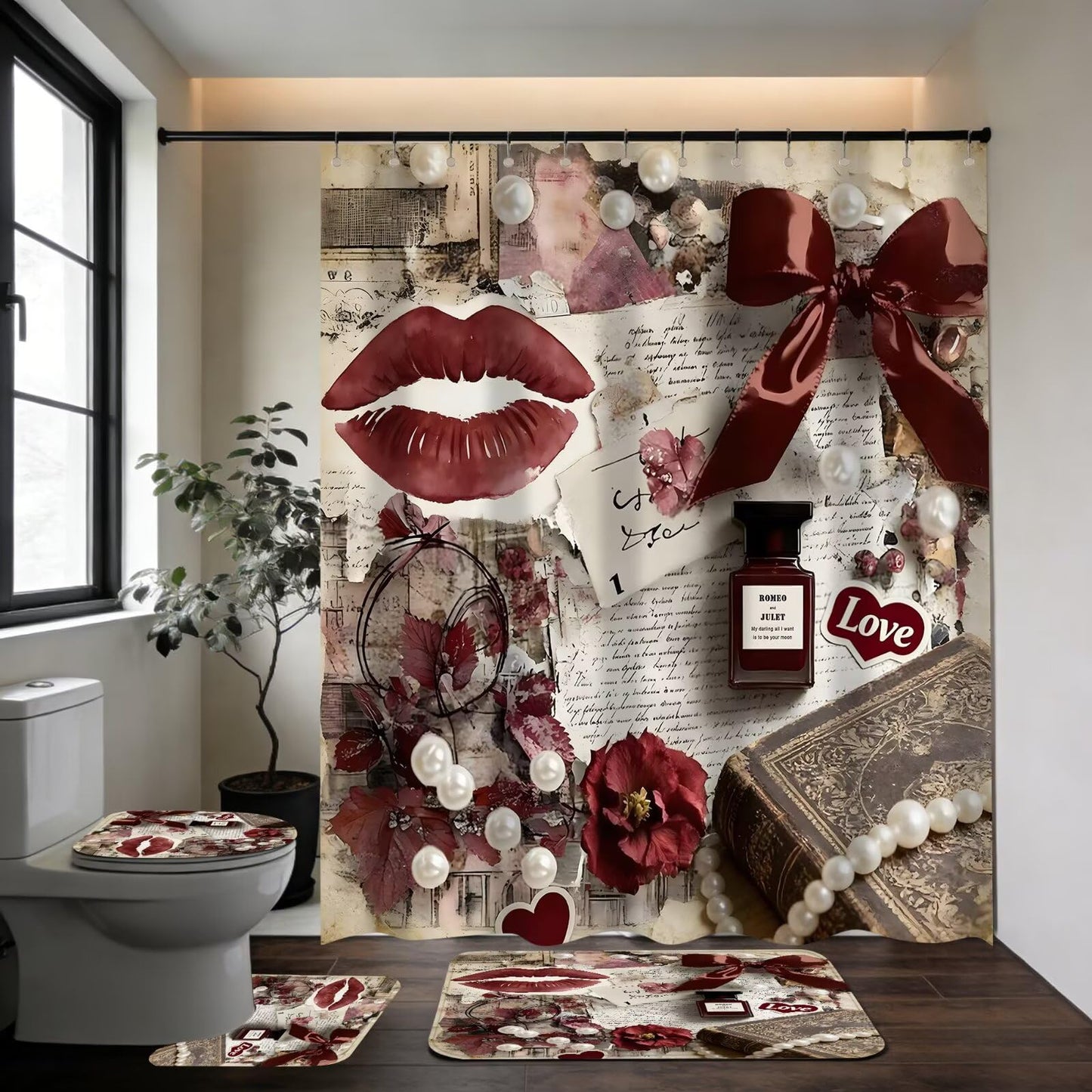 DDQQ 4Pcs Sexy Lip Shower Curtain Set Women Pearl Bow Bathroom Decor Set, Fashion Red Flower Perfume Bathroom Curtains Shower Set with Rugs, Girly Shower Curtain with 12 Hooks