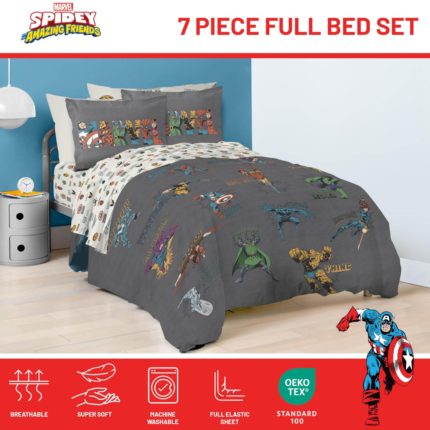 Jay Franco Kids Comforter Set Includes Sheets and Pillow Covers - Soft and Cozy Bed Set for Stylish Room Decor, Official Licensed Bedding, Gray - Marvel Comics, 7 Piece Full