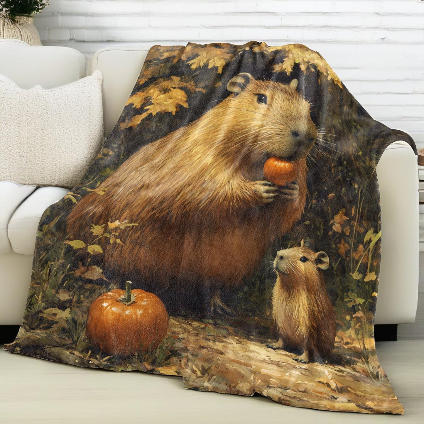 vnlvnl Capybara Blanket Lightweight Flannel Blankets Gifts for Adults Cute Animal with Autumn Pumpkin Printed Throw for Couch Chair Office Bedroom Fall Thanksgiving Decor, 60x50inch