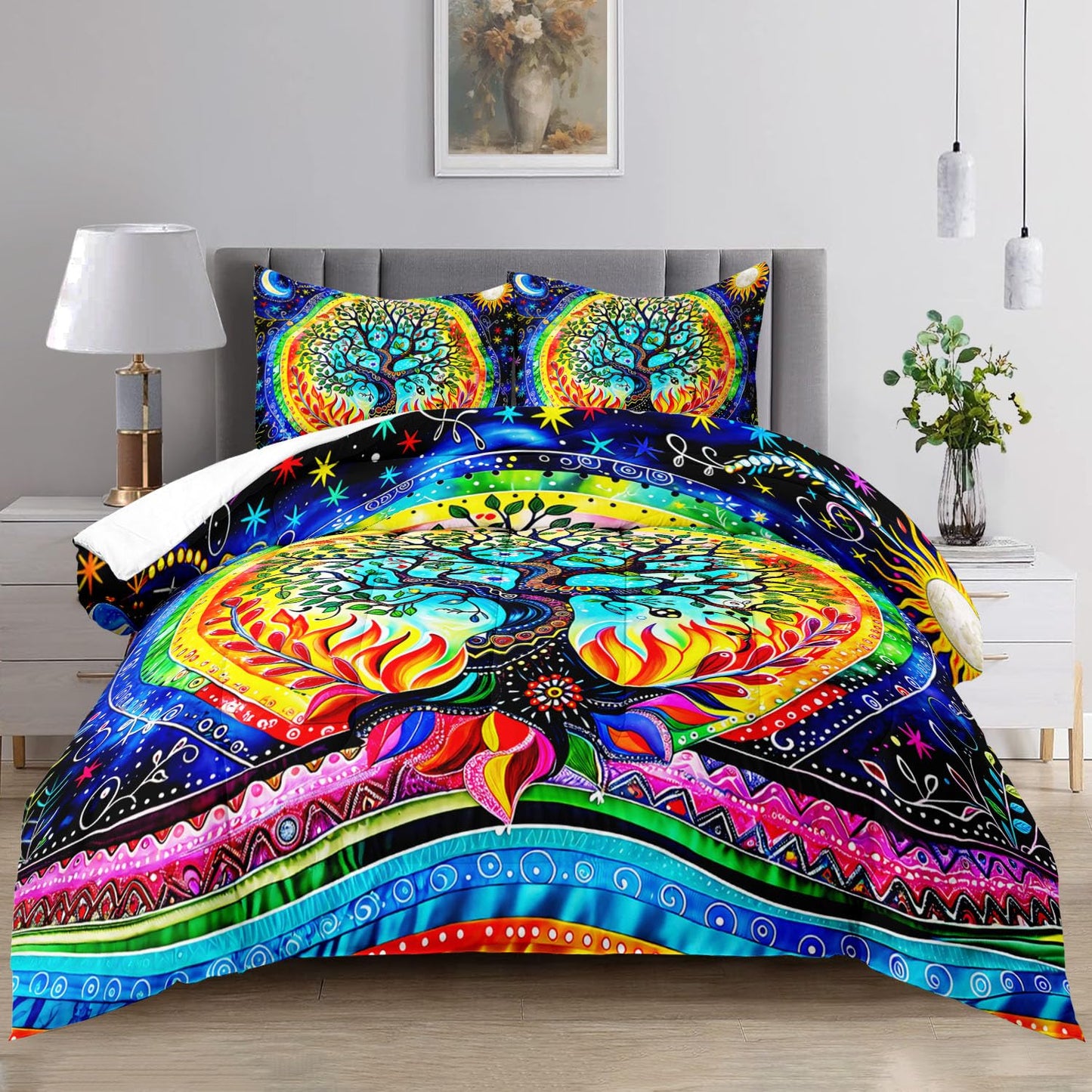 Raphus cucullatus Tree of Life Comforter Set Queen,Black Goth Queen Comforter Set,Queen Hippie Bedding Sets,Queen Size Bedding Set Gothic,Boho Queen Comforter Set,Queen Size Rainbow Bedding Set