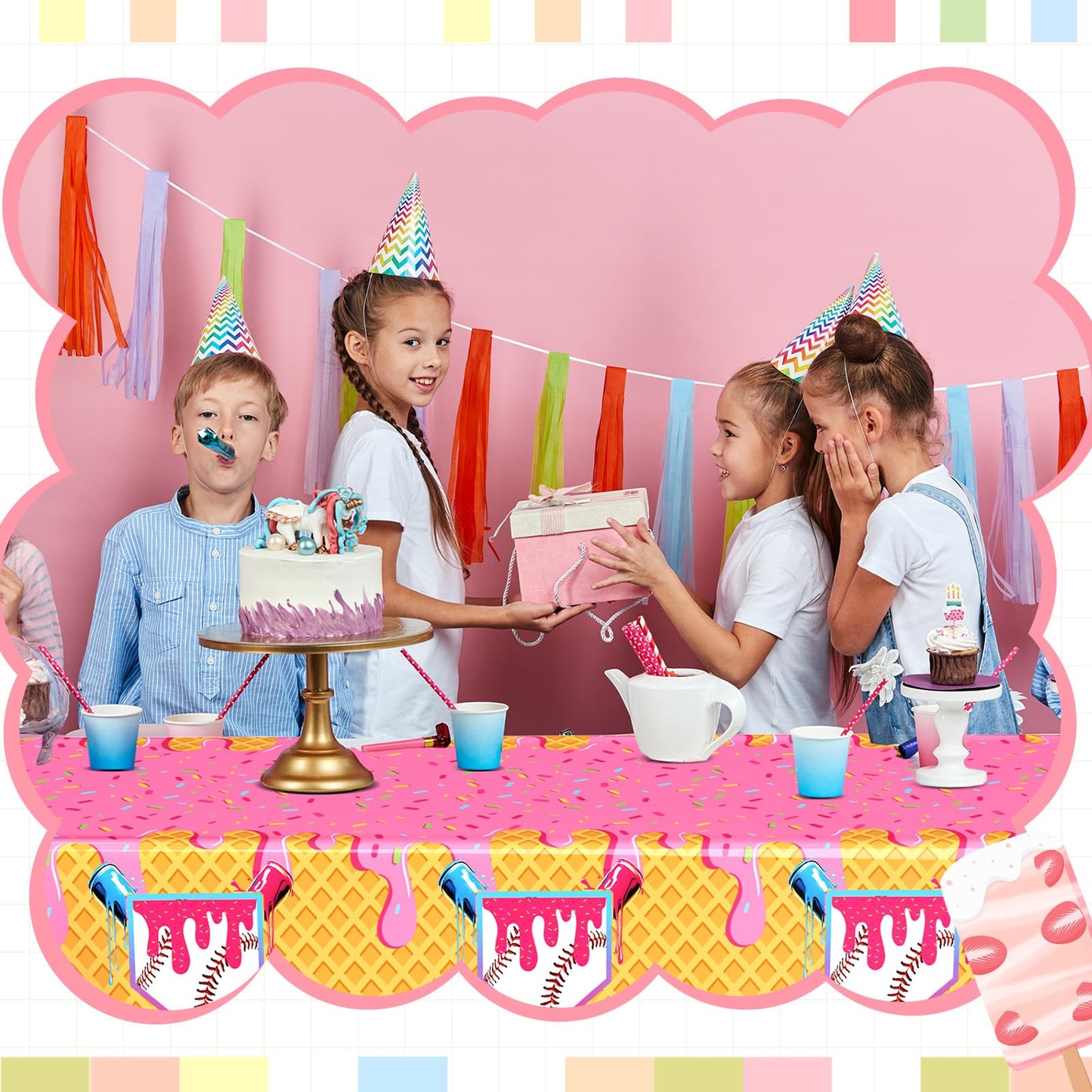 Gilprop 2 Pcs Baseball Ice Cream Drip Birthday Party Decorations Plastic Cute Birthday Tablecloth 108 x 54 Inches Disposable Rectangle Tablecover for Boys Girls Kids Baby Shower Party Supplies