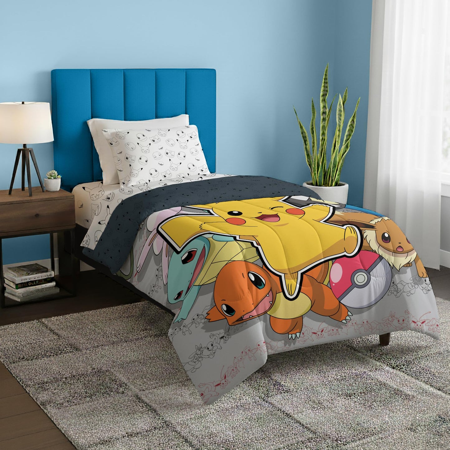 Northwest Pokemon Battle Squad Twin Size Bed in a Bag Set, Pikachu Charmander Squirtle Eevee, Kids Boys Girls Bedding Comforter Sheets