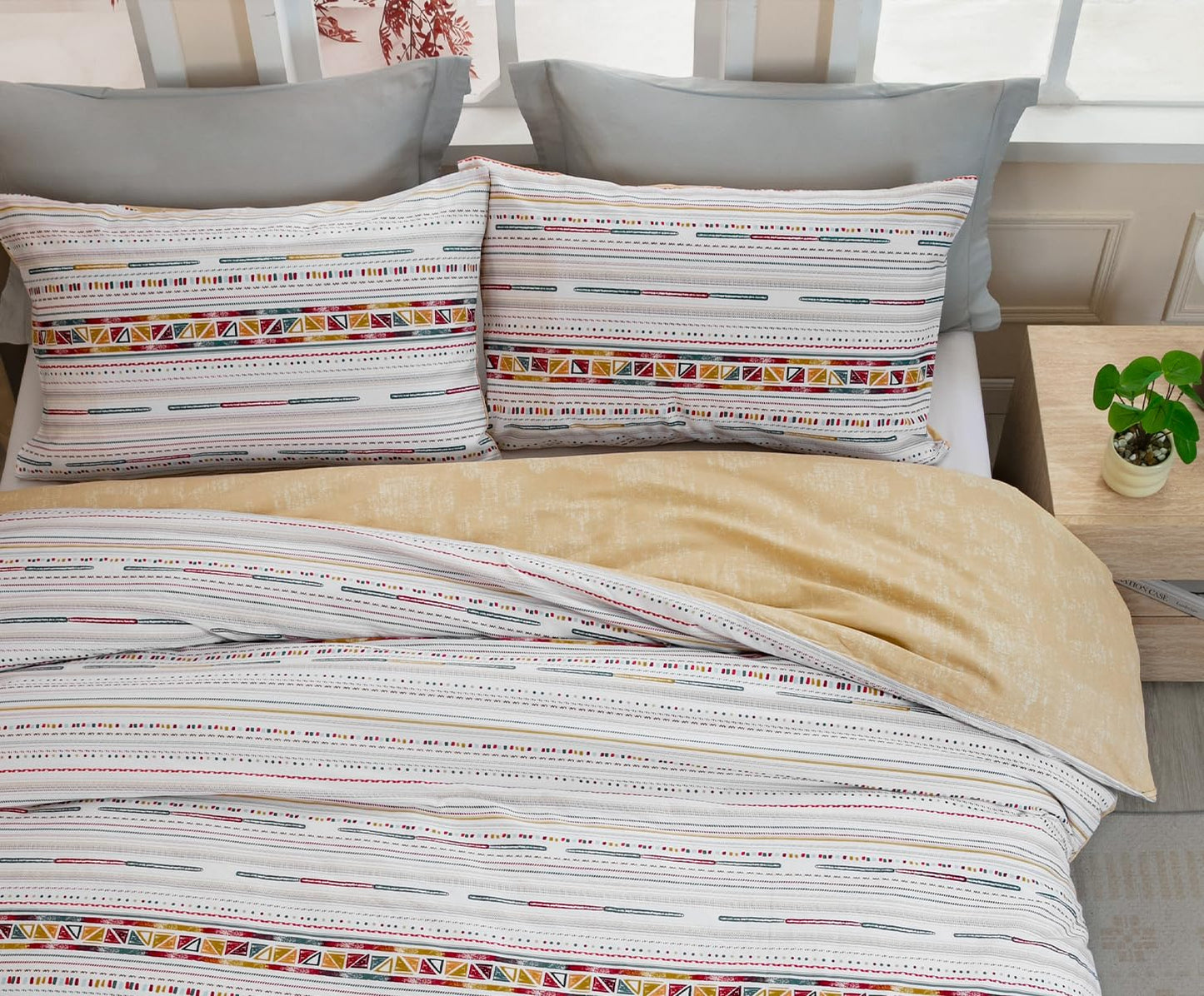 SLEEPBELLA Comforter Queen Size, 600 Thread Count Cotton Yellow Boho Pattern Light Yellow Reversible Comforter Set,Down Alternative Bedding Set 3Pcs(Queen, Yellow Boho)