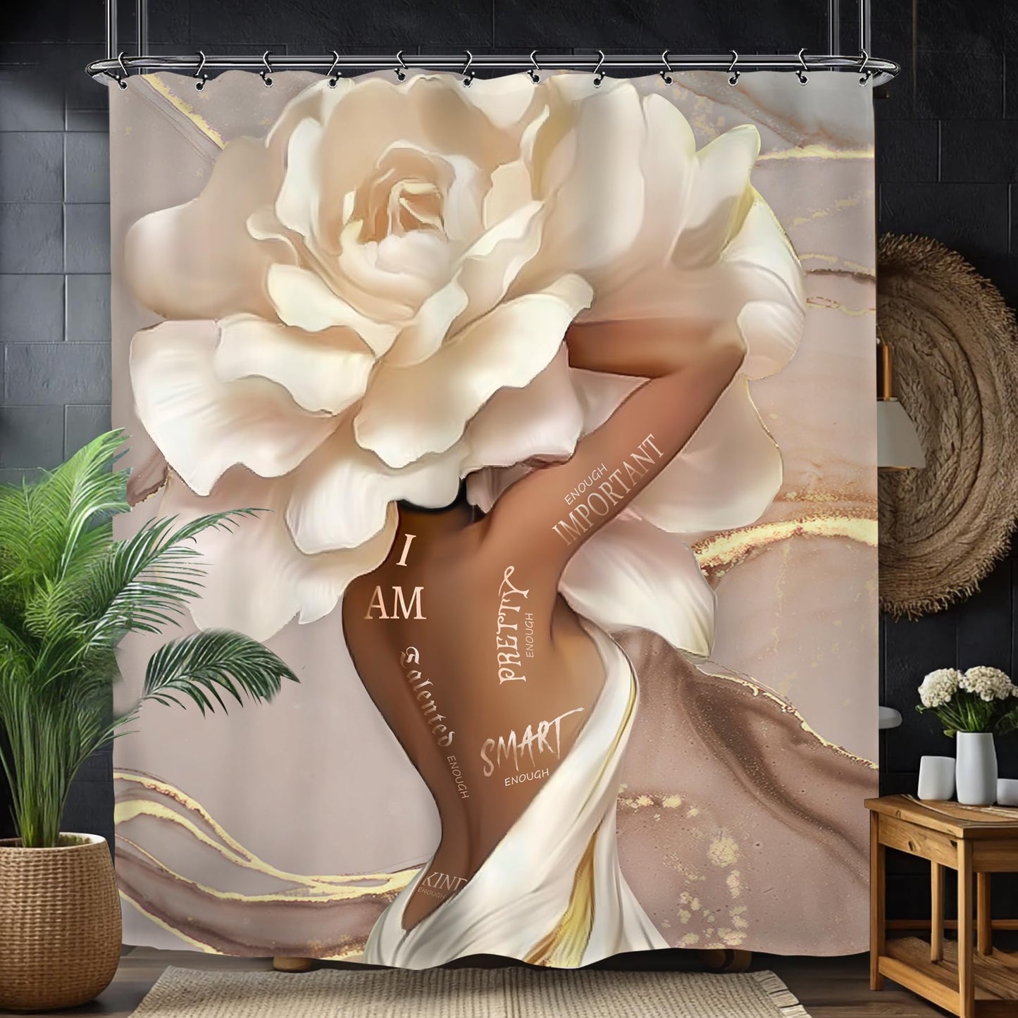 Yookeb African American Flower Bathroom Shower Curtain 60W by 71H Inch Black Girl Woman Sexy Marble Inspirational Motivational Positive Polyester Fabric 12 Plastic Hooks Waterproof Decor