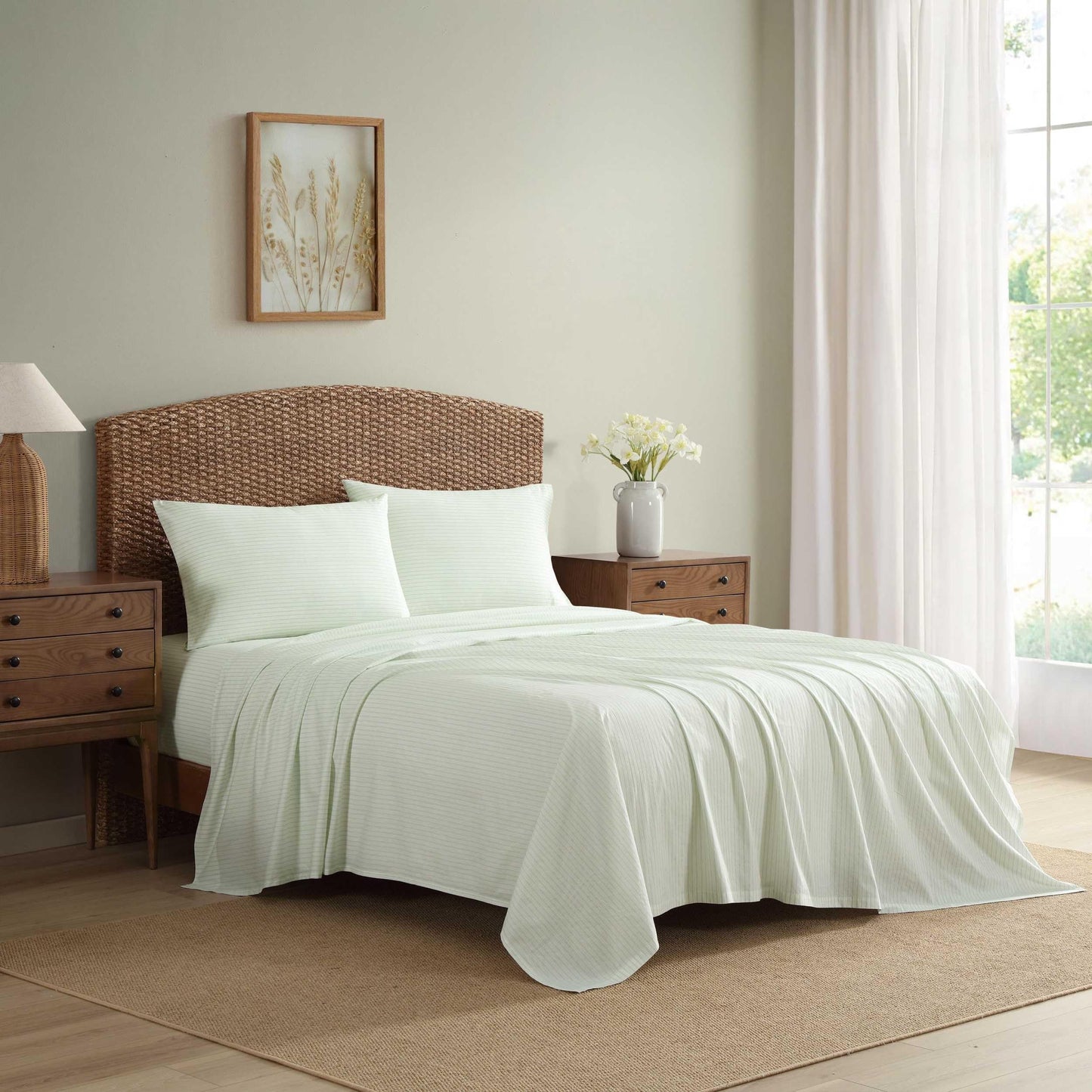 Laura Ashley – Twin Size Sheet Set, Crisp & Lightweight Cotton Percale Bedding with Fitted Sheet and Pillowcase, Striped Room Decor, Deep Pocket, College Dorm Room Essentials (Bedford Skinny Green)