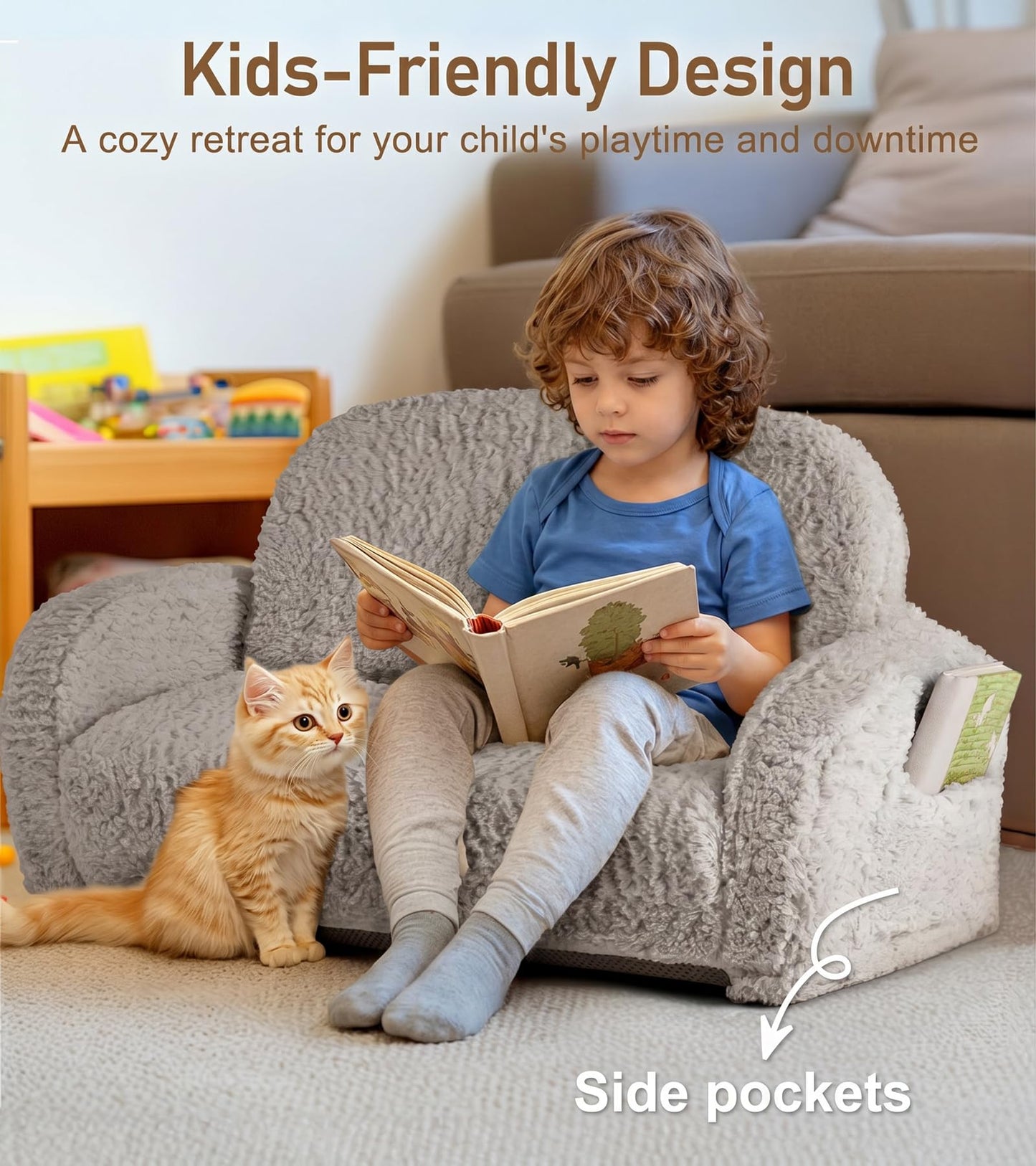 little dove 2-in-1 Sherpa Fold Out Kids Couch, Extra Wide Comfy Kid Chair, Convertible Kids Sofa, Foldable Kid Couch with High Density Foam for Boys & Girls, Gray