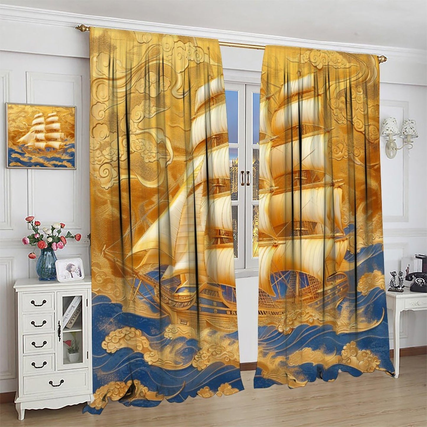 TOWINSFB Classic Chinese Style Sailboat Blackout Curtains for Living Room Bedroom, Luxury Golden Ship Ocean Window Curtains Rod Pocket Thermal Insulated Window Drapes, 2 Panels, Each 21W x 45L
