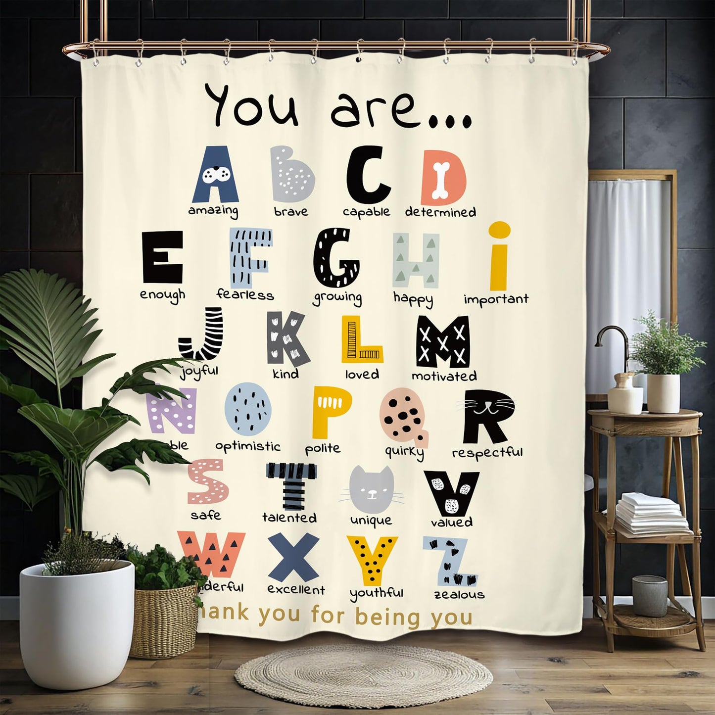 Miyotaa ABC Alphabet Quotes Shower Curtain Set 60Wx71H Inches Positive Inspirational Motivational You are Learning Educational Kids Polyester Waterproof Cloth Bathroom Curtain with 12 Hooks