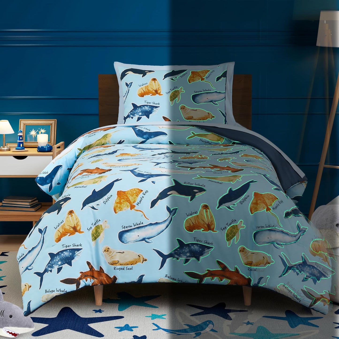 Kaleido Space Twin Comforter Set for Boys Kids - 5 Pieces Glow in The Dark Ocean Animals Twin Bedding Sets for Kids, Ultra Soft Bed in A Bag with Sheets