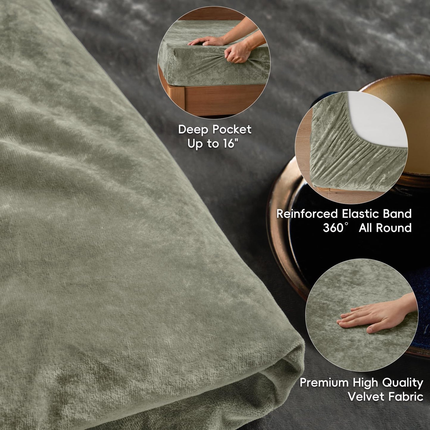 PHF Truly Velvet Fitted Sheet Only Queen Size, Luxury Super Soft Cozy Fuzzy Fleece Bottom Sheet, Deep Pocket Up to 16",Suitable for Fall Winter Spring, No Pillowcases, Smokey Olive