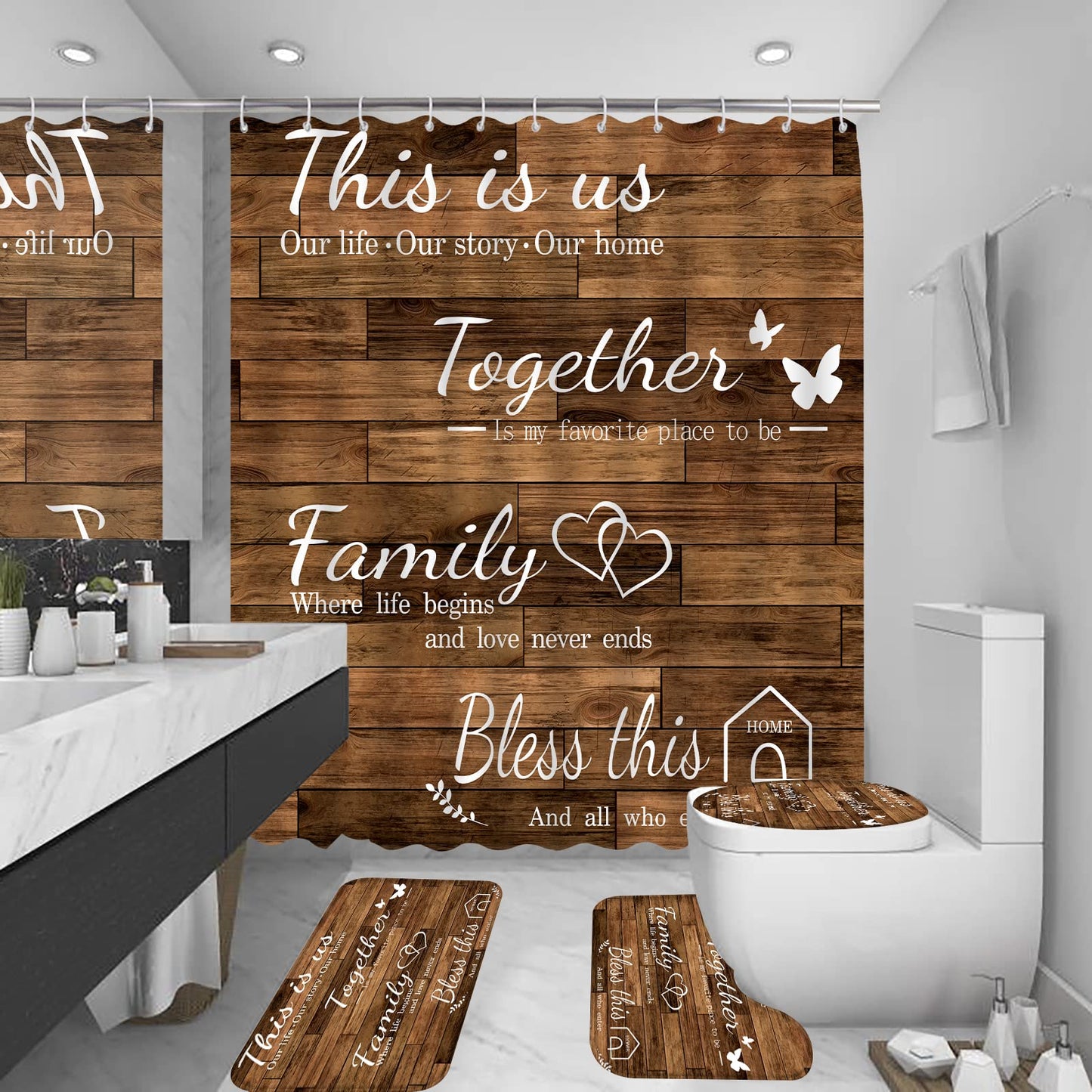 juwute 4Pcs Family Shower Curtain Sets with Non-Slip Rugs, Toilet Lid Cover and Bath Mat, Brown Home Bathroom Decor Set Accessories Waterproof Shower Curtains with 12 Hooks, 72 x 72 Inch