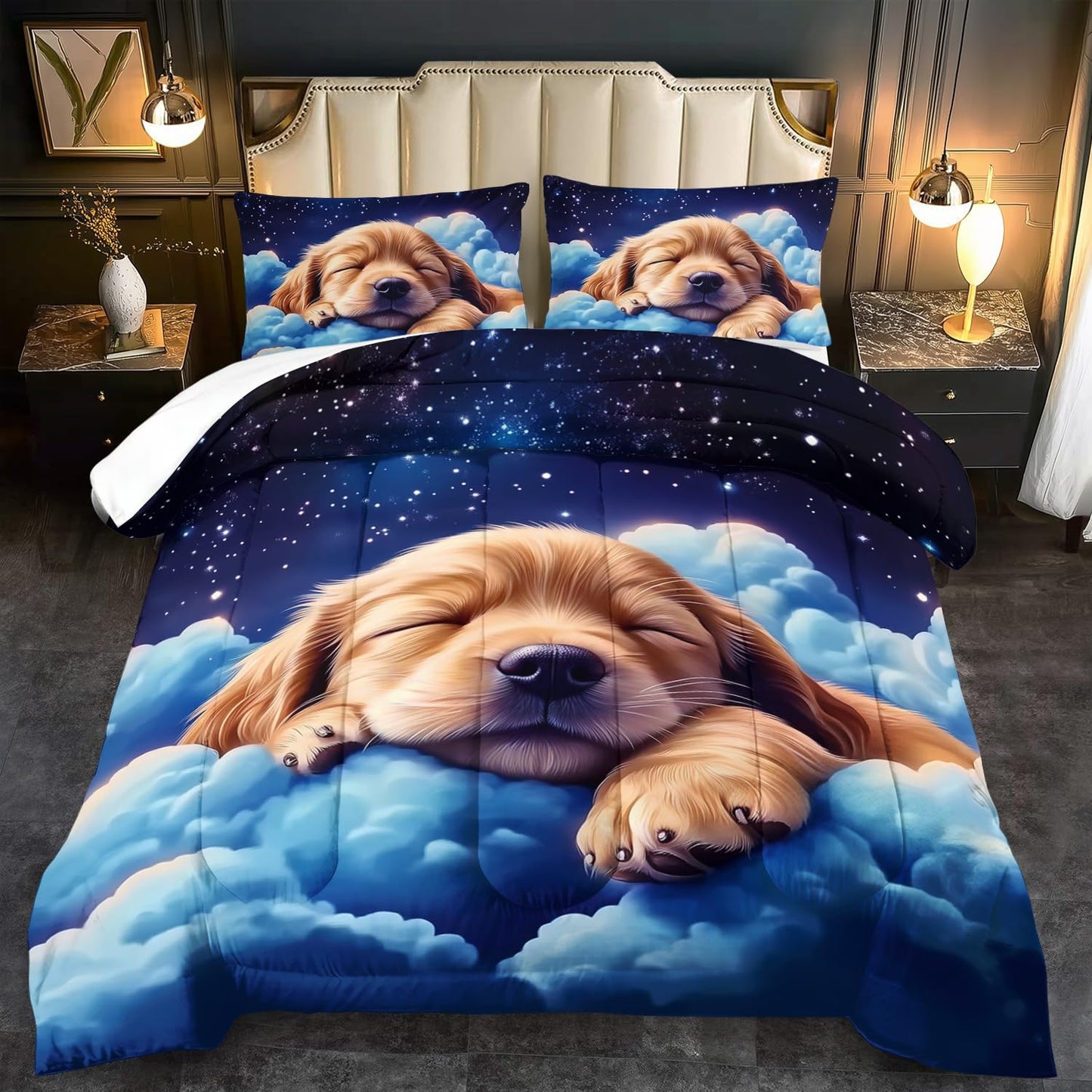 llyxsesty Blue Cute Dog Comforter Set King for Kids Blue Animal Bedding Set Boys Kawaii Dog Kids Comforter King Quilt Animal Bedroom Decor Starry Sky Bedding Bedroom Decor