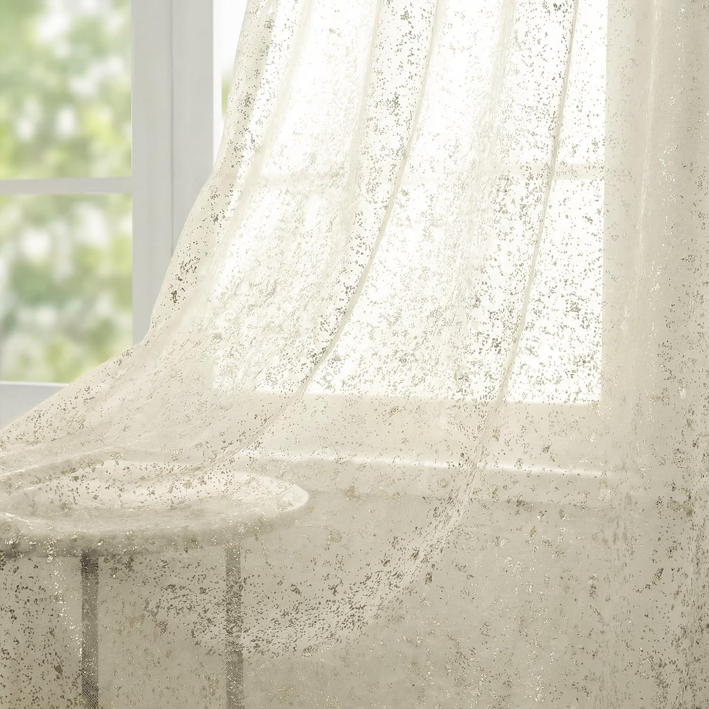 Horaldaily Beige Sheer Curtains for Living Room and Bedroom, Sliver Sequin Glitter Metallic Foil, Scenery Light Filtering Window Curtains, 52" W x 84" L, Set of 2 Curtain Panels