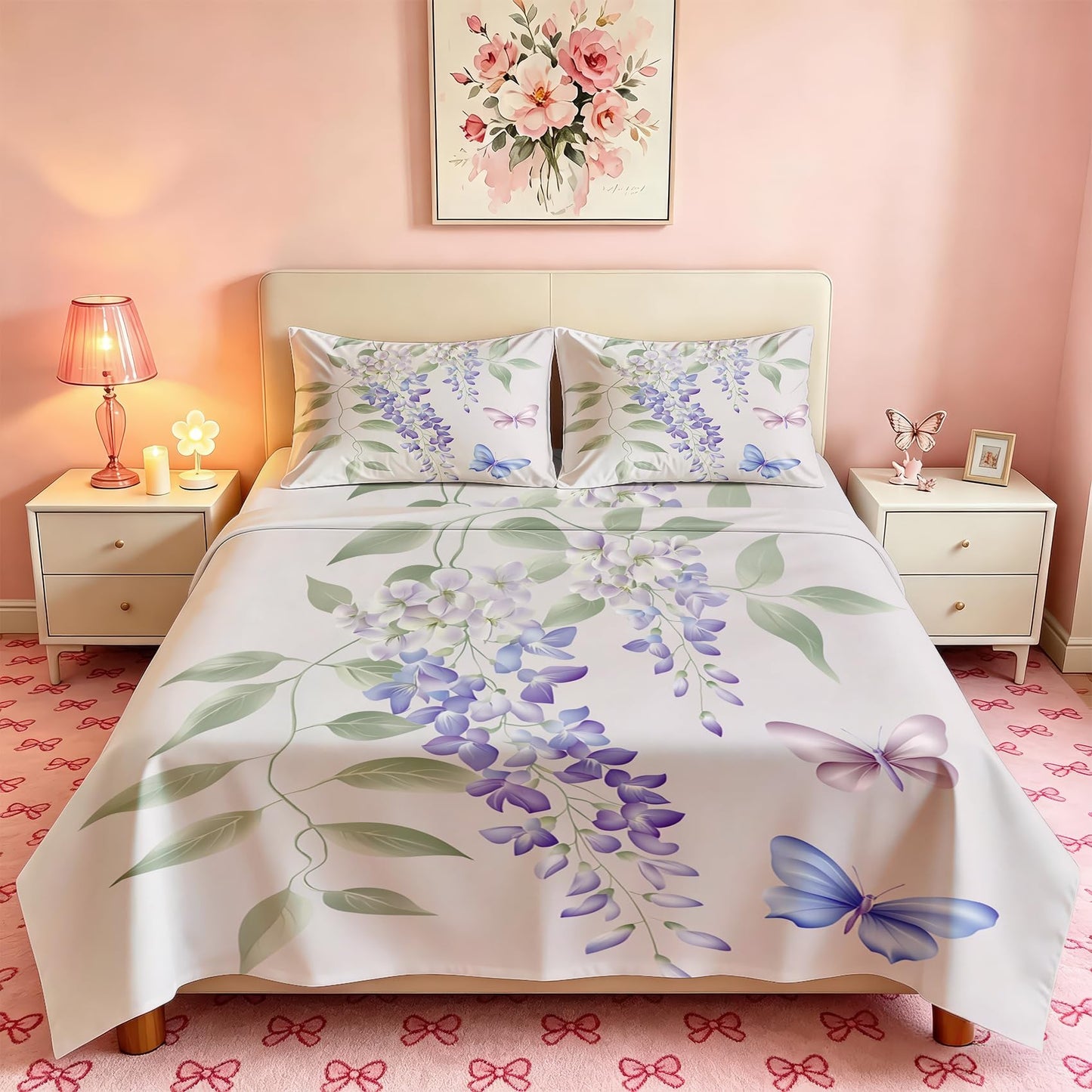 Wisteria Flower Sheet Set, 4 Pcs Queen Size Butterfly Bed Sheets