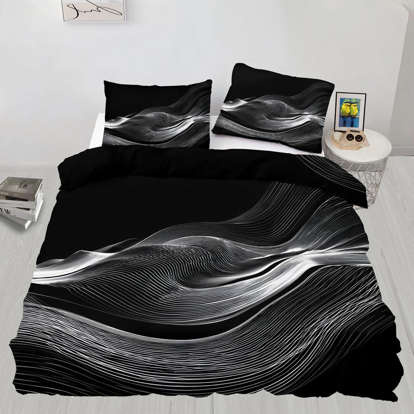 ZAOMIR Black White Duvet Cover Twin Size, Psychedelic White Wavy Stripes Bedding Set 3 Piece, Modern Abstract Geometric Line Patterned Comforter Cover with Zipper Soft Microfiber, 2 Pillowcases