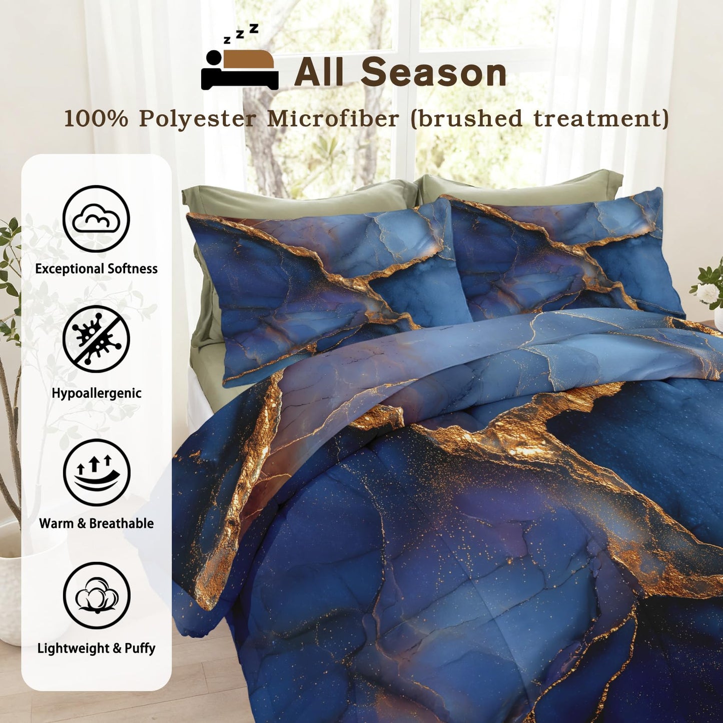 Blue Marble Comforter Set King Size 3Pc, Modern Abstract Pattern Down Alternative Bed Comforter, 2 Pillow Shams, Soft All Season Bedding, Blue Marble Bedroom Decor AF66