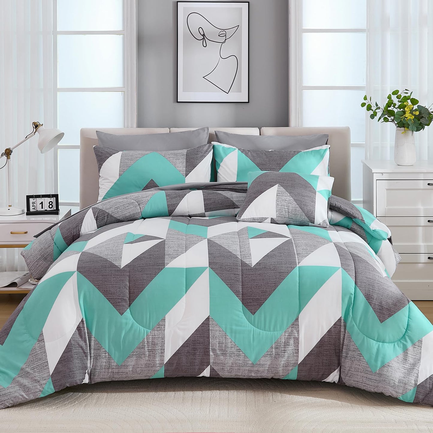 Bedbay Teal Grey Queen Comforter Set with Sheets 8 Pcs Queen Bed in a Bag Modern Geometric Chevron Print Luxury Western Bedding 1 Comforter 4 Pillowcases 1 Flat Sheet 1 Fitted Sheet 1 Cushion Cover
