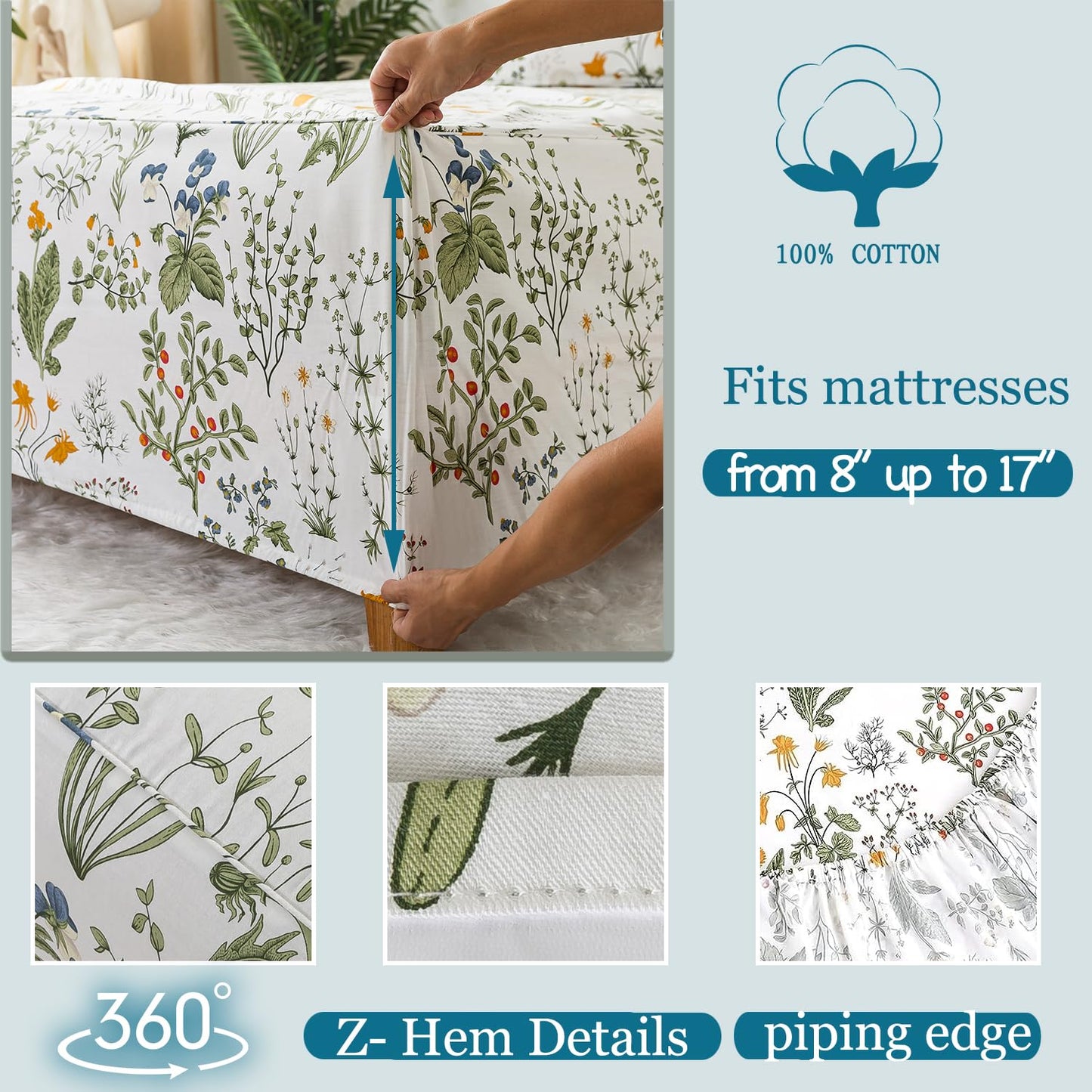 Zusbest Queen Sheet Set 100% Percale Cotton Green Floral Bed Sheet Set Yellow Flower & Green Leaves Botanical Pattern Printed on White Garden Luxury Crisp Soft Deep Pocket Fitted Sheet 17.5'' 4Pcs
