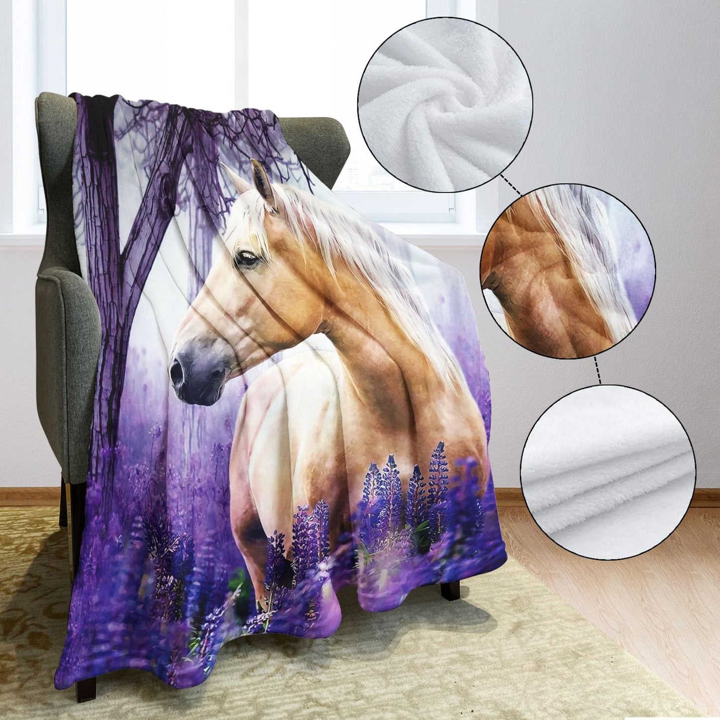 HommomH 60"x80" Palomino Horse Blanket with Purple Lavender, Super Soft Fleece Throw Blankets for Girls Women