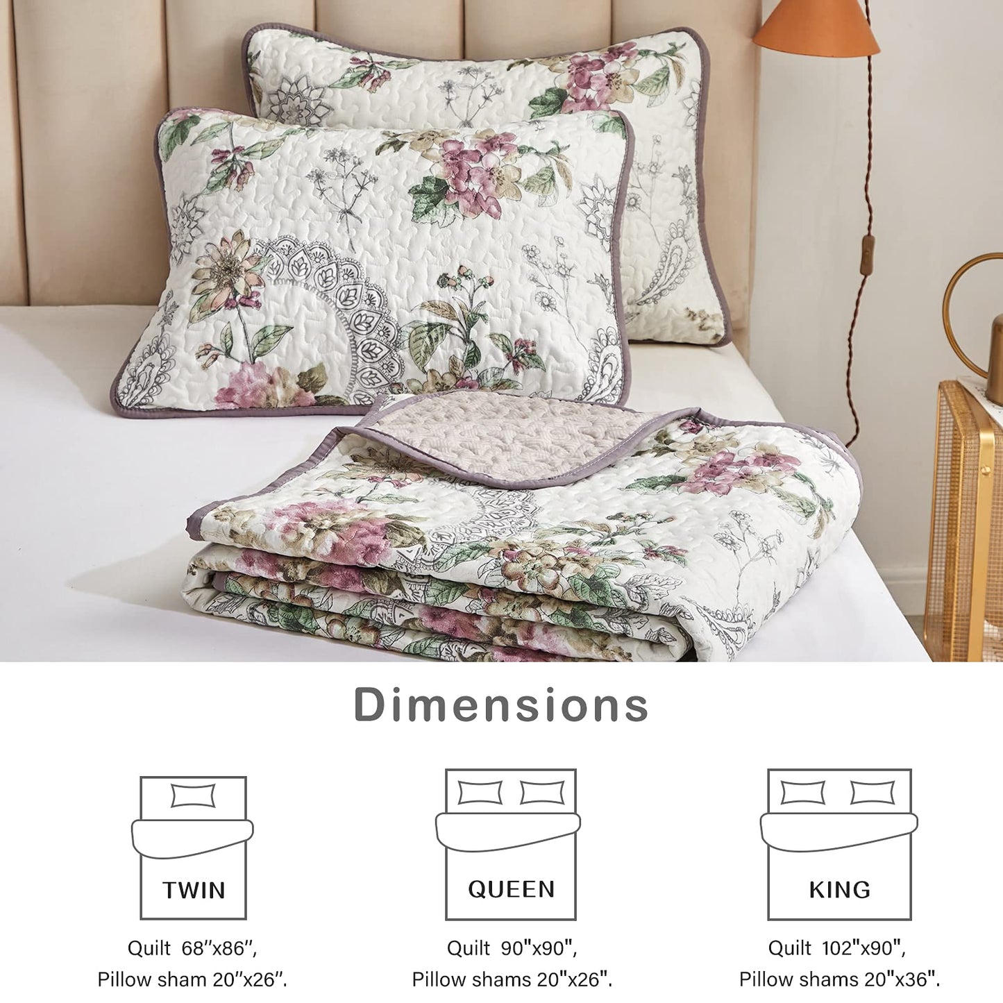 Flysheep 3 Pieces Quilt Set Full/Queen Size, Beige Floral Reversible Bedspread Coverlet Set, Soft Microfiber Lightweight Bed Cover for All Season (90" x 90", 1 Quilt+ 2 Pillow Shams)