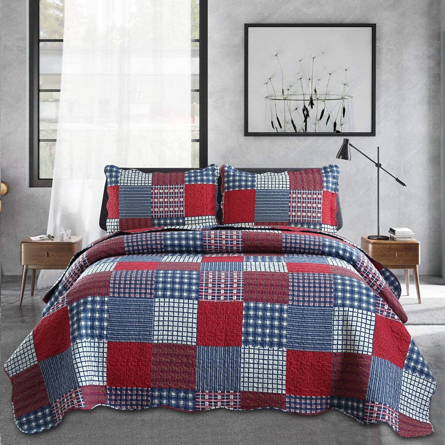 Jessy Home Plaid Quilt Set King Bedspread Coverlet Set Red Blue White Patchwork King Size Quilt Set Bedding Soft Lightweight Quilts Coverlet Country Reversible Quilt Bed Spread with 2 Pillow Shams