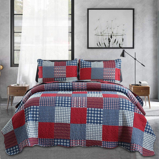 Jessy Home Plaid Quilt Set King Bedspread Coverlet Set Red Blue White Patchwork King Size Quilt Set Bedding Soft Lightweight Quilts Coverlet Country Reversible Quilt Bed Spread with 2 Pillow Shams