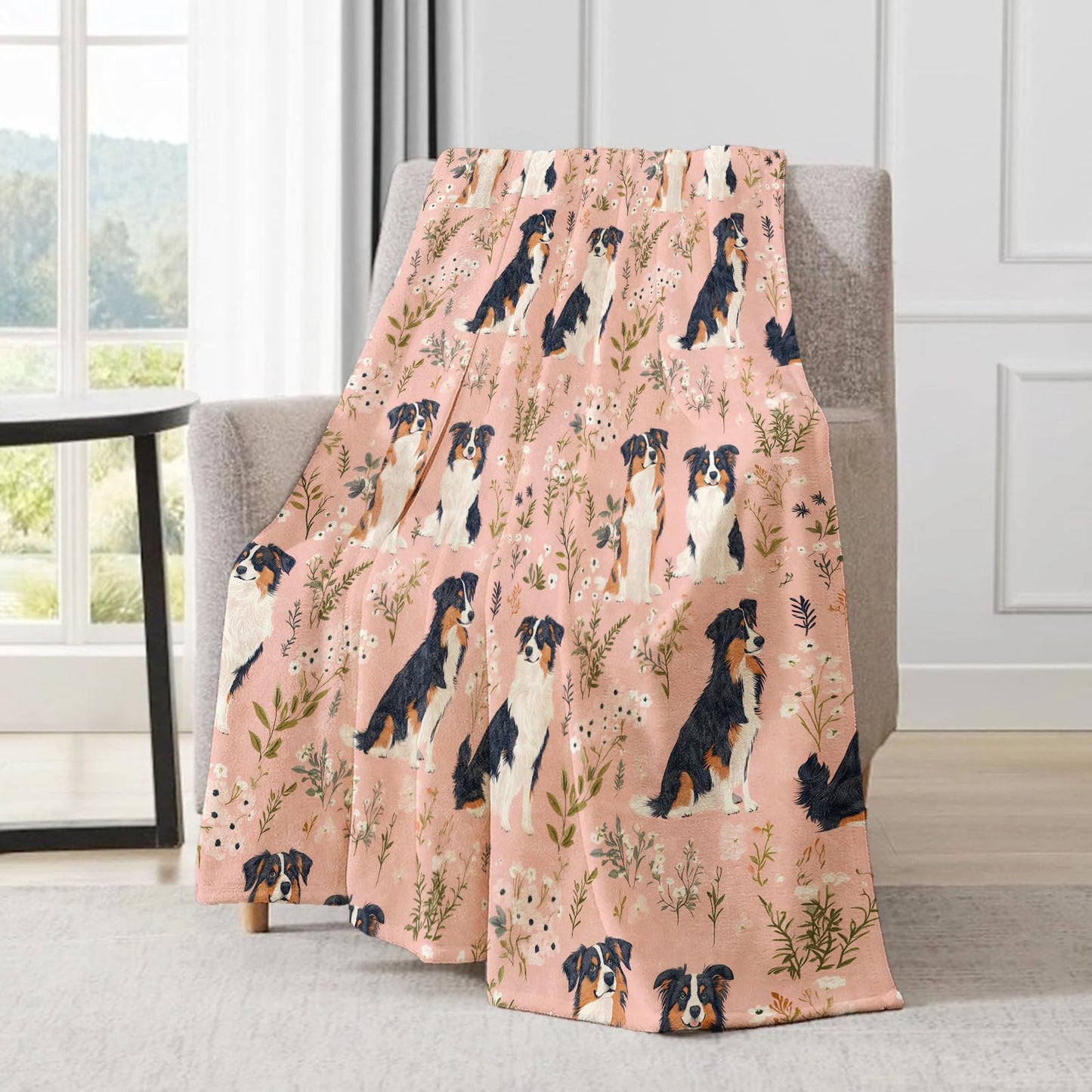 ainori Australian Shepherd Blanket - Cute Dog and Floral Pink Fleece Throw,Gifts for Kids Girls Women, Soft & Warm,Lightweight, for Charming Modern Decor, Dog Lovers, and Room Home Accents 50x60in