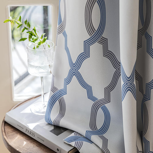 ugoutry 100% Blackout Curtains 63 Inches Long for Bedroom, Blue Grey on White Moroccan Geometric Patterned Window Curtain for Living Room, Farmhouse Thermal Insulated Drapes Grommet Top 2 Panels