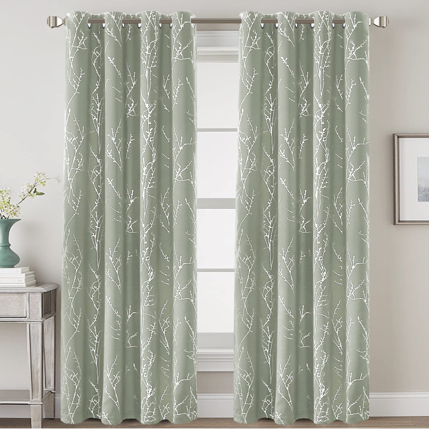 H.VERSAILTEX Blackout Curtains for Bedroom Foil Print Twig Tree Branch Thermal Insulated Grommet Curtain Drapes Light Blocking Thick Soft Window Curtains for Living 52 x 84 Inch, 2 Panels, Sage